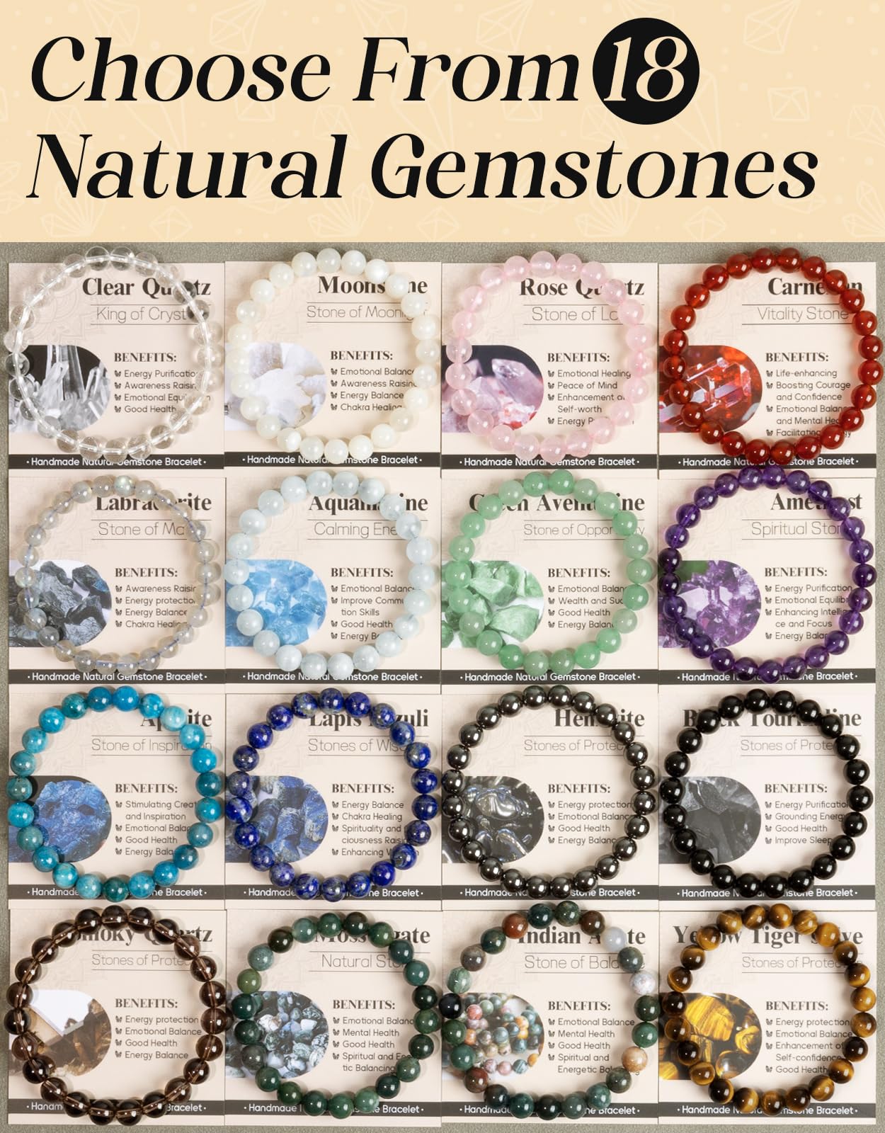 Landorilo Beaded Bracelet for Men Women, 8mm Natural Stone Clear Quartz Healing Crystal Stretch Bracelets, Ideal Christmas Birthday Jewelry Gifts with Energy Card,Replacement Beads Included