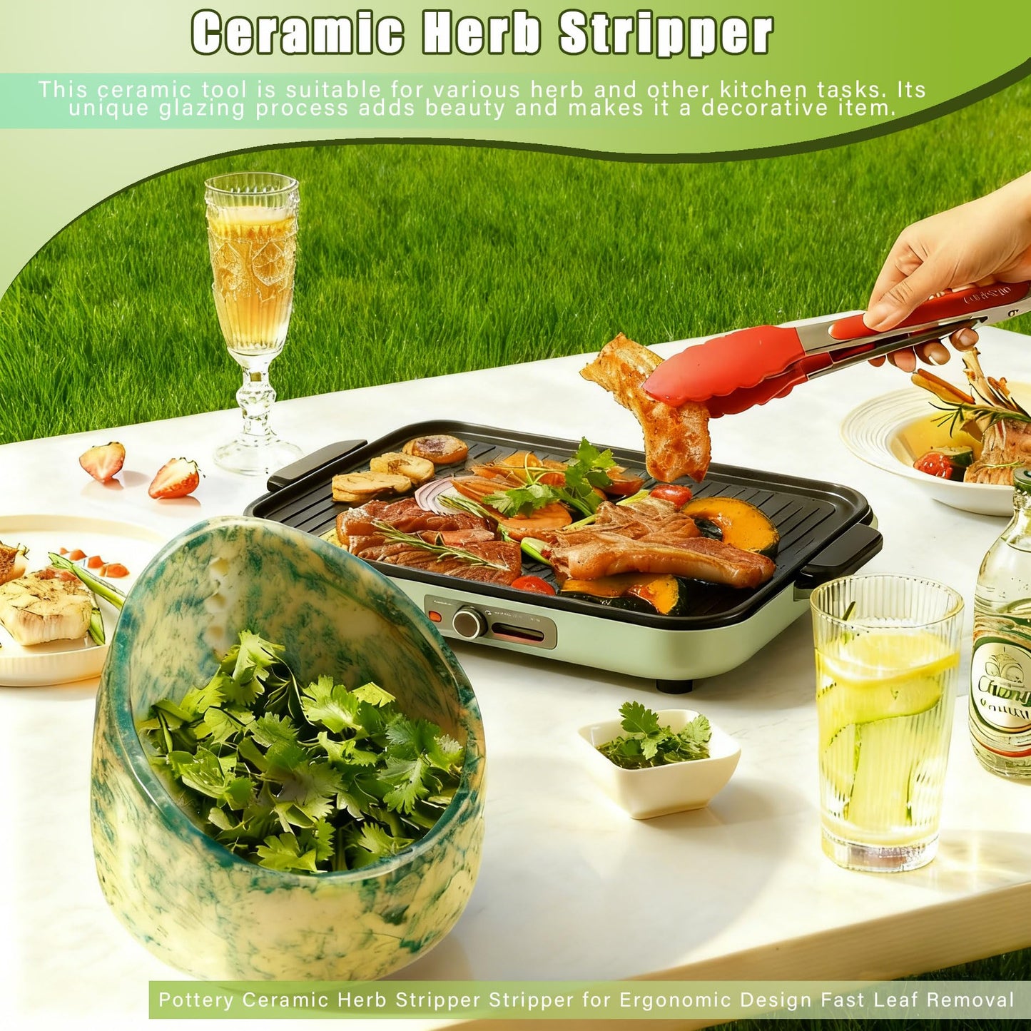 SHIRWAYUS Herb Stripper Bowl, Pottery Ceramic Herb Stripper Stripper for Ergonomic Design Fast Leaf Removal (Green)