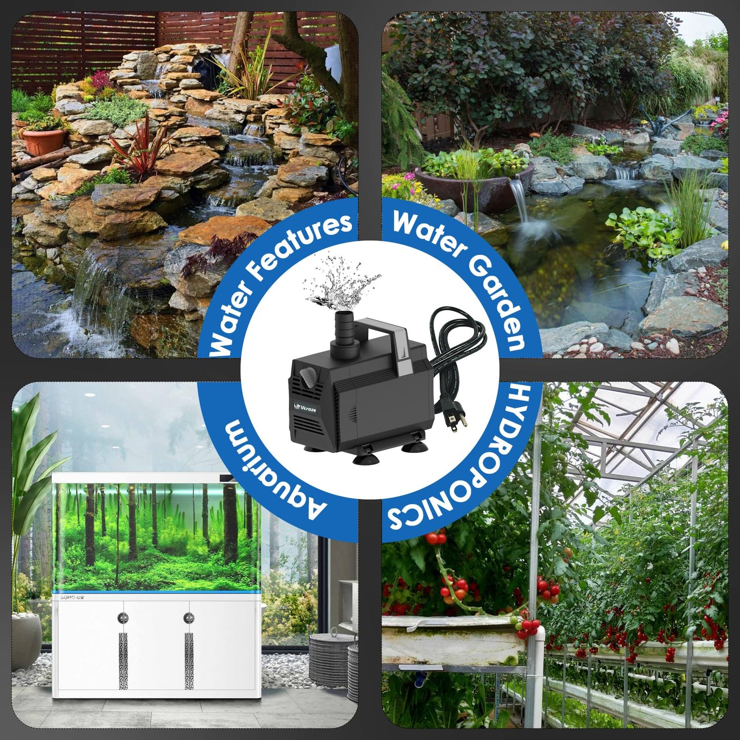 VCRAZE Submersible Water Pump 1050GPH/55W Fountain Pumps with Flow Control, Pond Pump Submersible Outdoor with 10ft 3-Core Power cable for Hydroponics, Aquarium, Waterfall, Statuary, Water feature