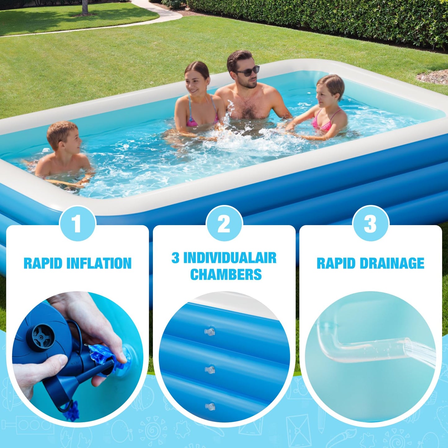 Inflatable Pool for Adults, 115'' x 68'' x 22'' Large Inflatable Pool for Adults, Blow up Pools, Rectangular Family Swimming Poo l, Oversized Thickened Family Inflatable Pools for Outdoor