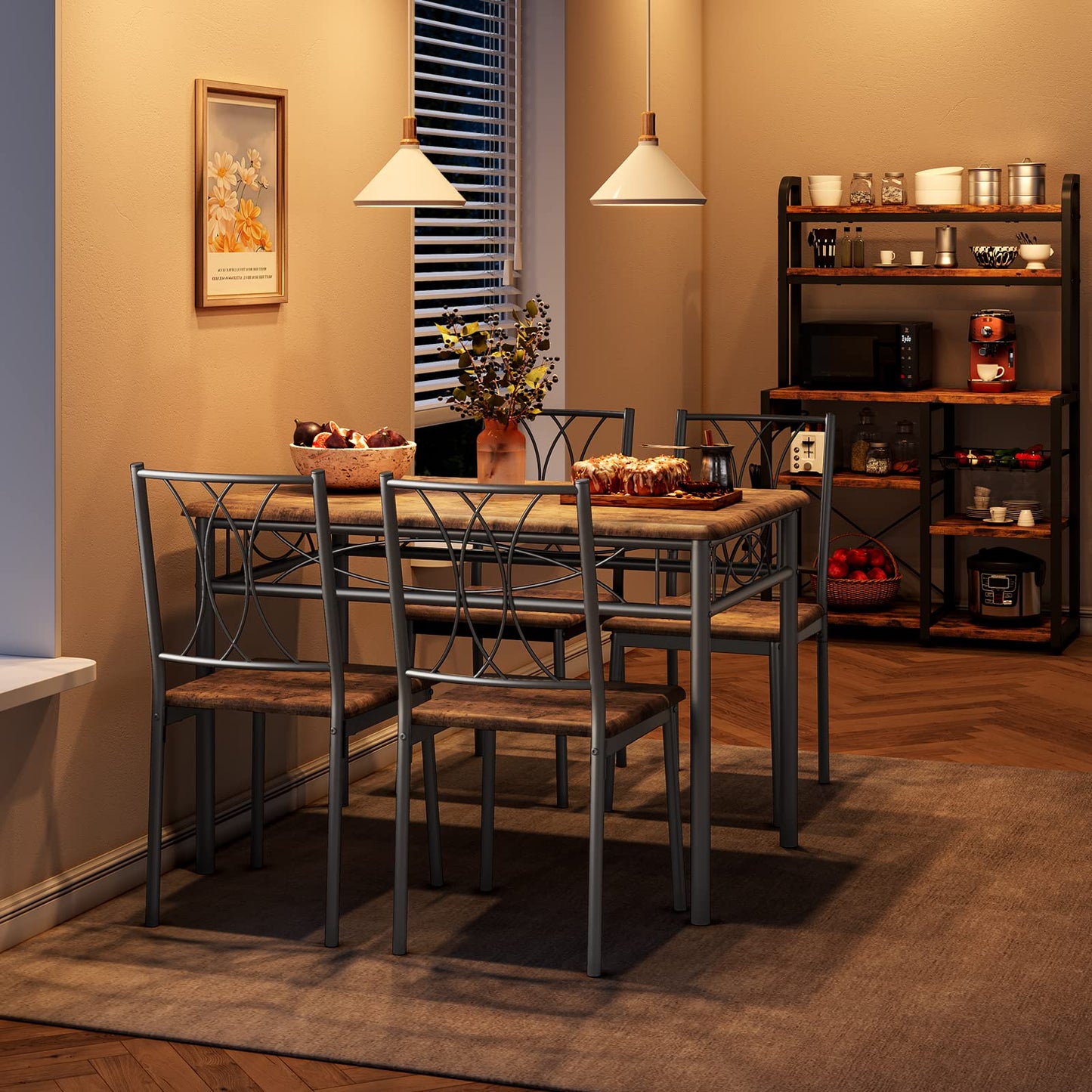 CABIHOME Dining Table Set for 4, Kitchen Table Set with 4 Chairs, Rectangular Dining Table Set for 4, Kitchen Table Set for Apartment, Small Space, Dining Room, Retro Brown