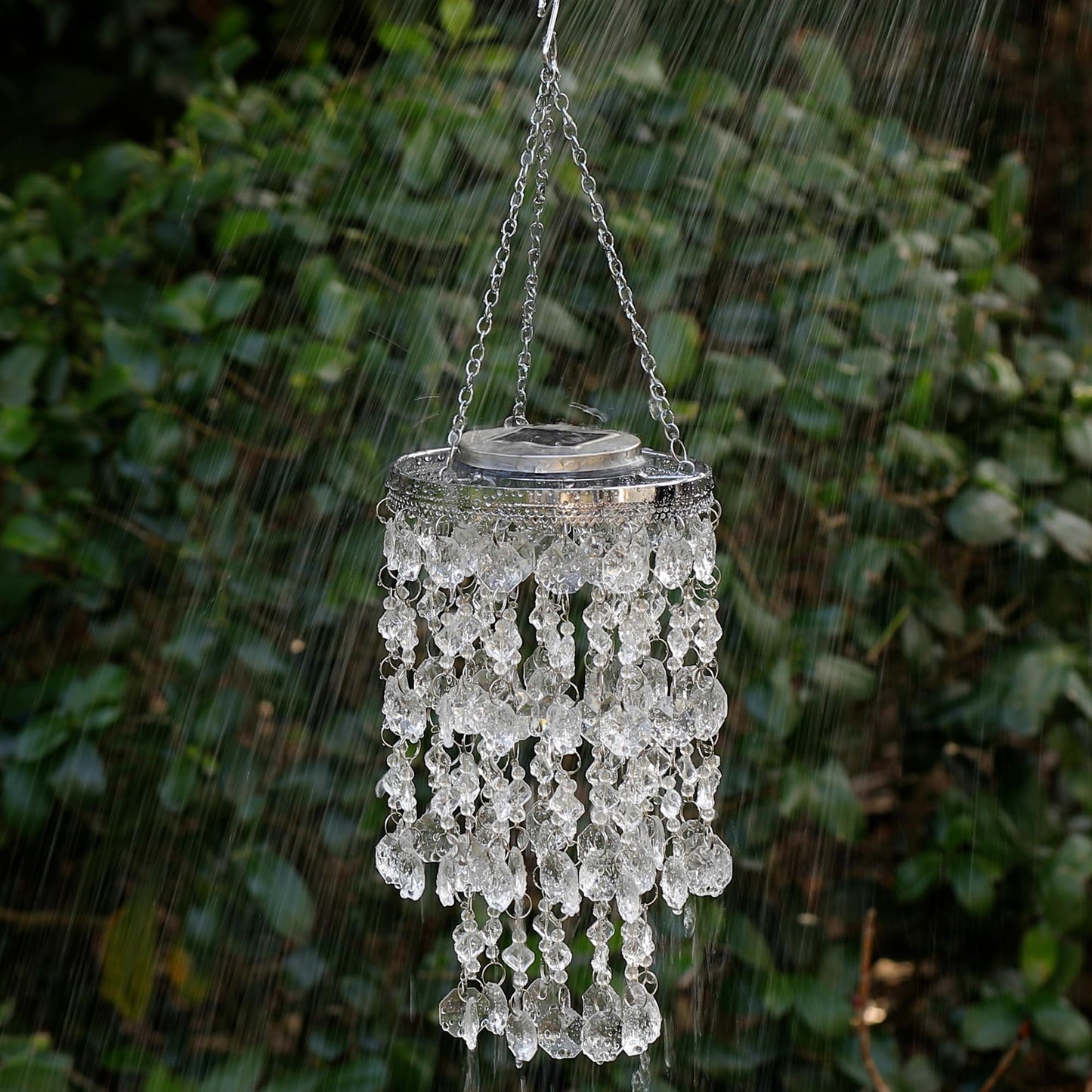 Glitzhome 18.75”H Wind Chime for Outside Solar Wind Chime Hanging Decorative Transparent Acrylic Jewel Beads with Blue LED Light Battery Operated Mini Chandelier for Home Garden Patio Yard
