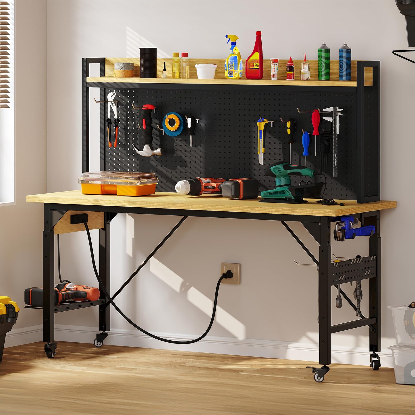 YITAHOME 60" Adjustable Workbench with Pegboard, Wheels & 1600 LB Capacity, Rolling Work Table with AC/USB Outlets, Hooks, and Rack, Heavy-Duty Work Bench for Garage, Workshop, Office, or Home