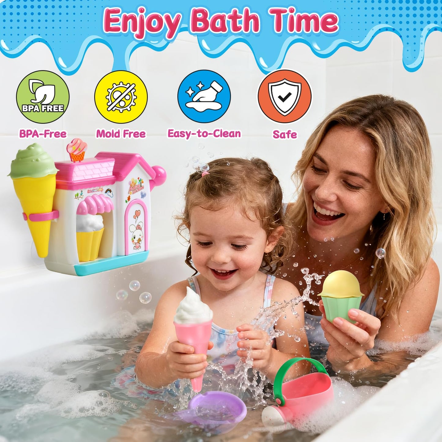 Bath Toys for Kids Ages 4-8 3-5 Toddler Bath Toys Bathtub Ice Cream Foam Maker Bubble Pretend Cake Play Set Water Toys Birthday Gifts for 2-4 5 6 Year Old Girls Boys