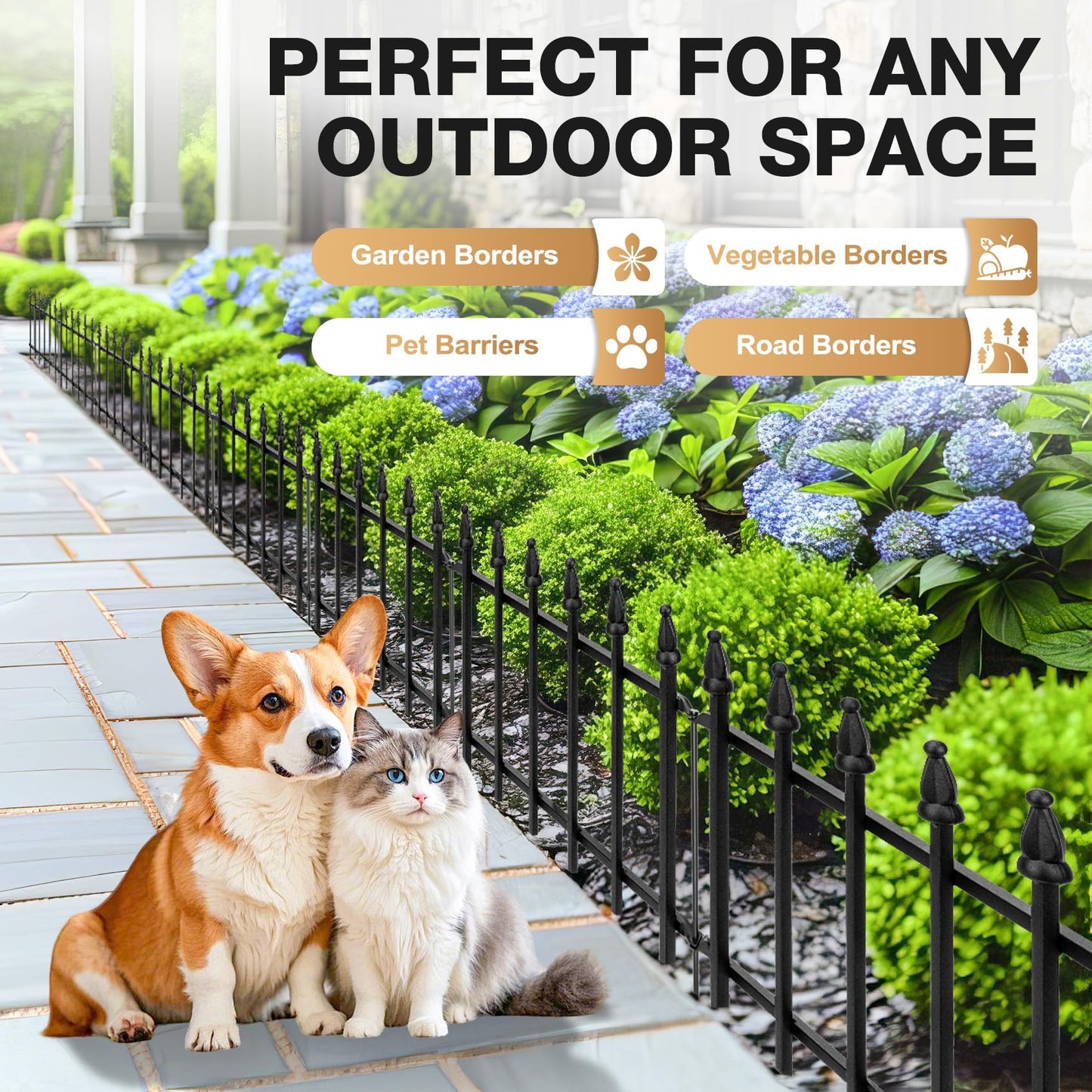 LATIHUUM Decorative Garden Fence 10ft (L) x 19in (H) - 7 Panels Heavy Duty Garden Fencing Animal Barrier Rustproof Metal Fence Border for Outdoor Yard & Flower Bed Decor