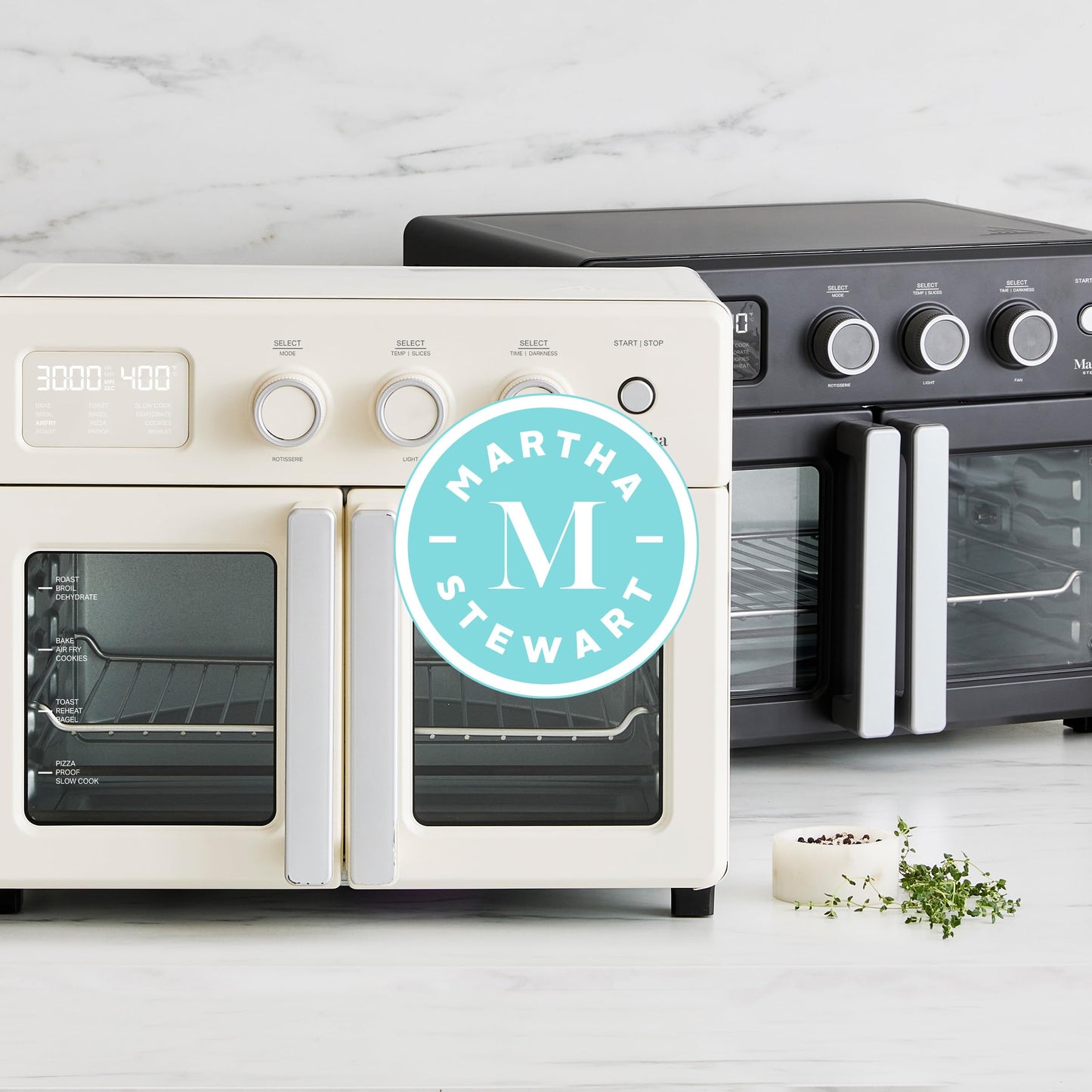 Martha Stewart French Door Air Fryer Toaster Oven Combo, 34QT Countertop Convection, 12-in-1, Bake, Broil, Roast, Fits 12” Pizza, Dehydrate, 5 Accessories, Air Fry Basket, Stainless Steel, Caviar Gray