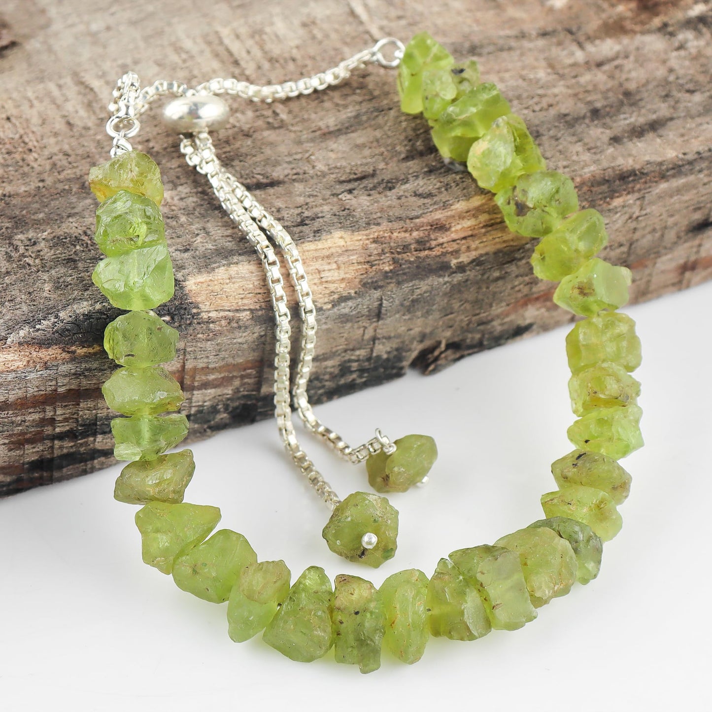 SunshineGems Natural Peridot Bolo Bracelet Rough Stones Handmade Women's Jewelry Adjustable Slider Chain Christmas Gift Size Approx 5 to 10 Weight Approx 50 to 60 carats Stone Size Approx 5 to 10 mm