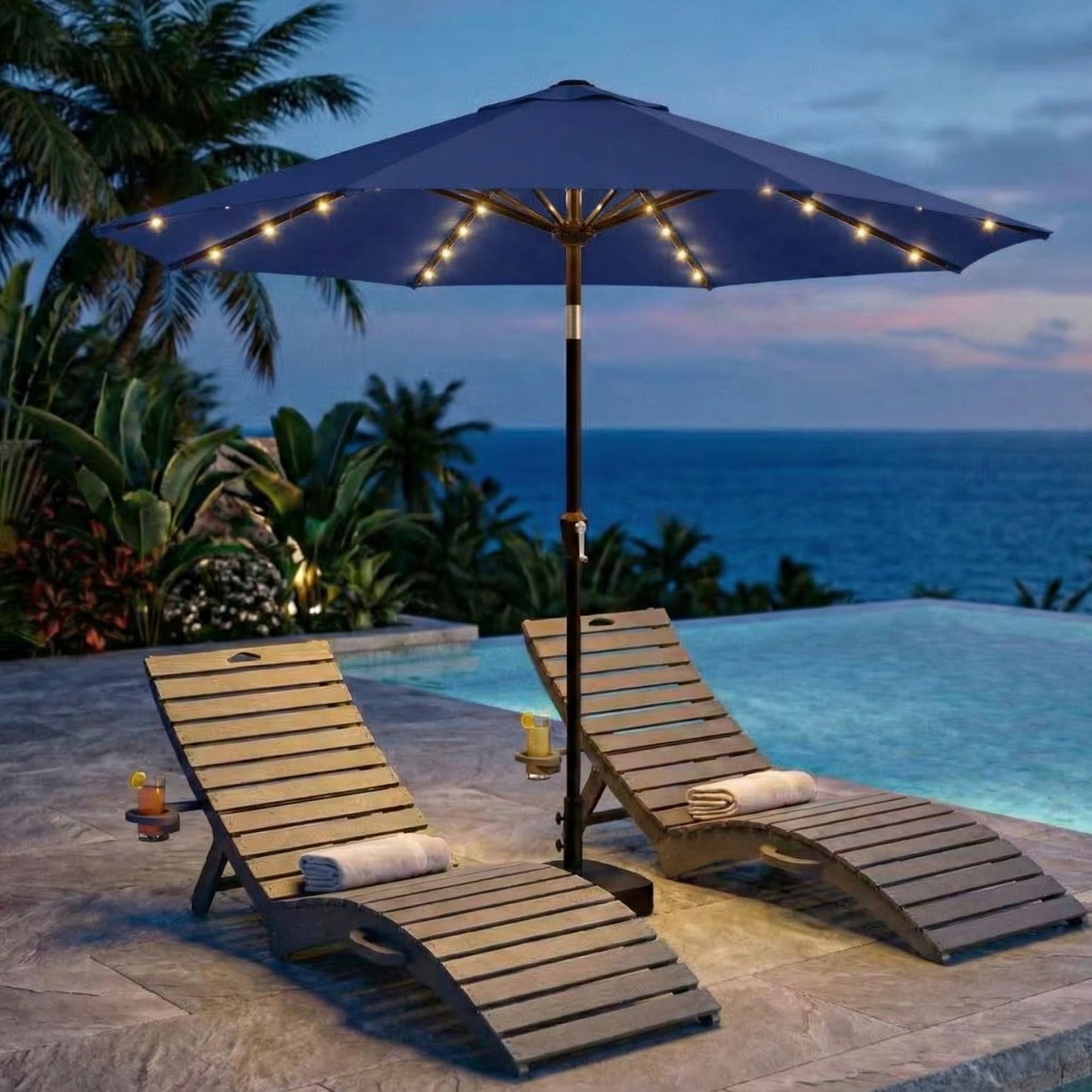 Kingdura 9FT Outdoor Patio Umbrella with Solar Lights, Market Table Umbrella with Push Button Tilt & Crank, 8 Sturdy Ribs, 32 LED Lights, UV Protection for Garden Lawn Deck Backyard Pool (Navy blue)