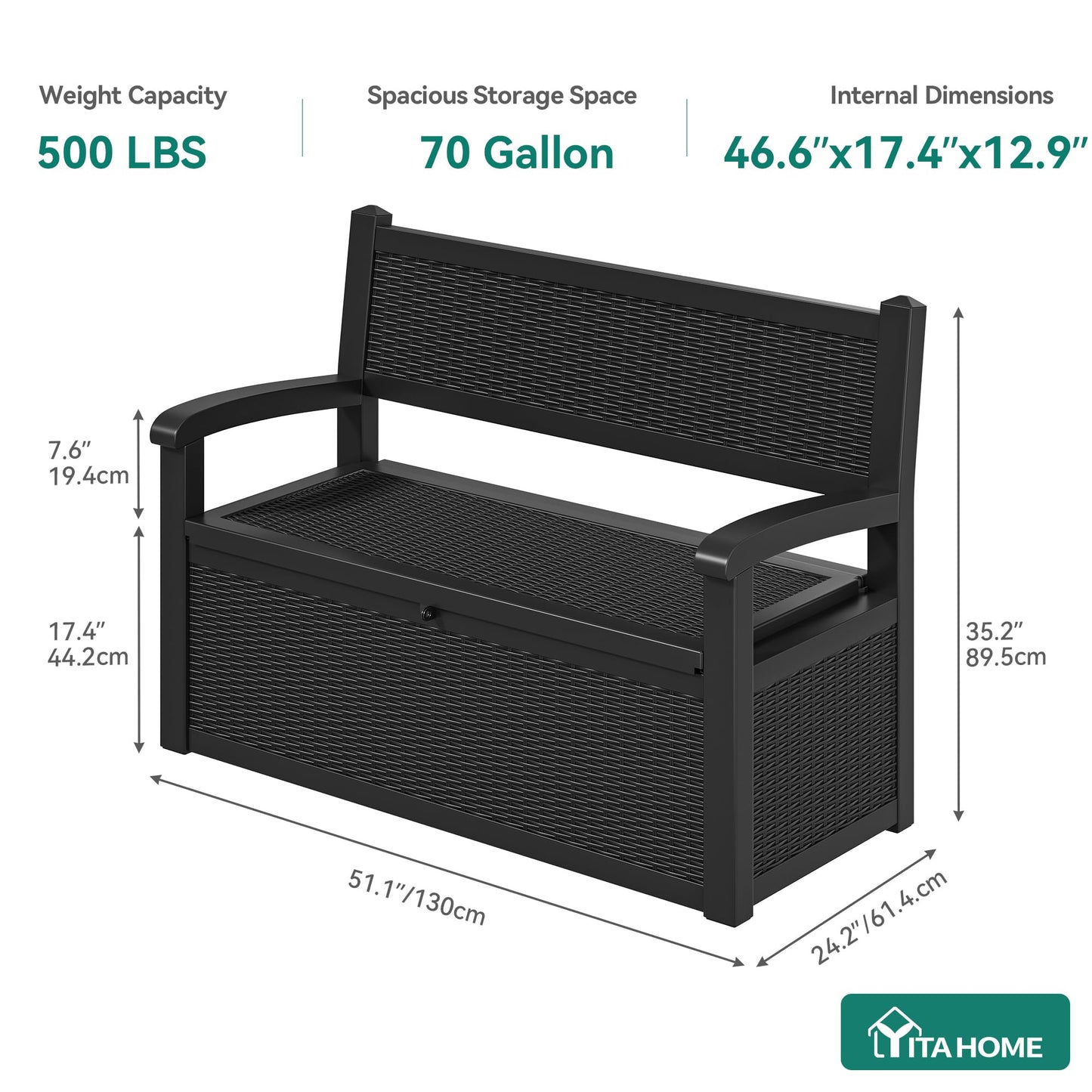 YITAHOME 70 Gallon Deck Bench with Storage, Outdoor Storage Box Bench with Armrests for Patio Garden Pool Porch, Waterproof&Lockable, Black