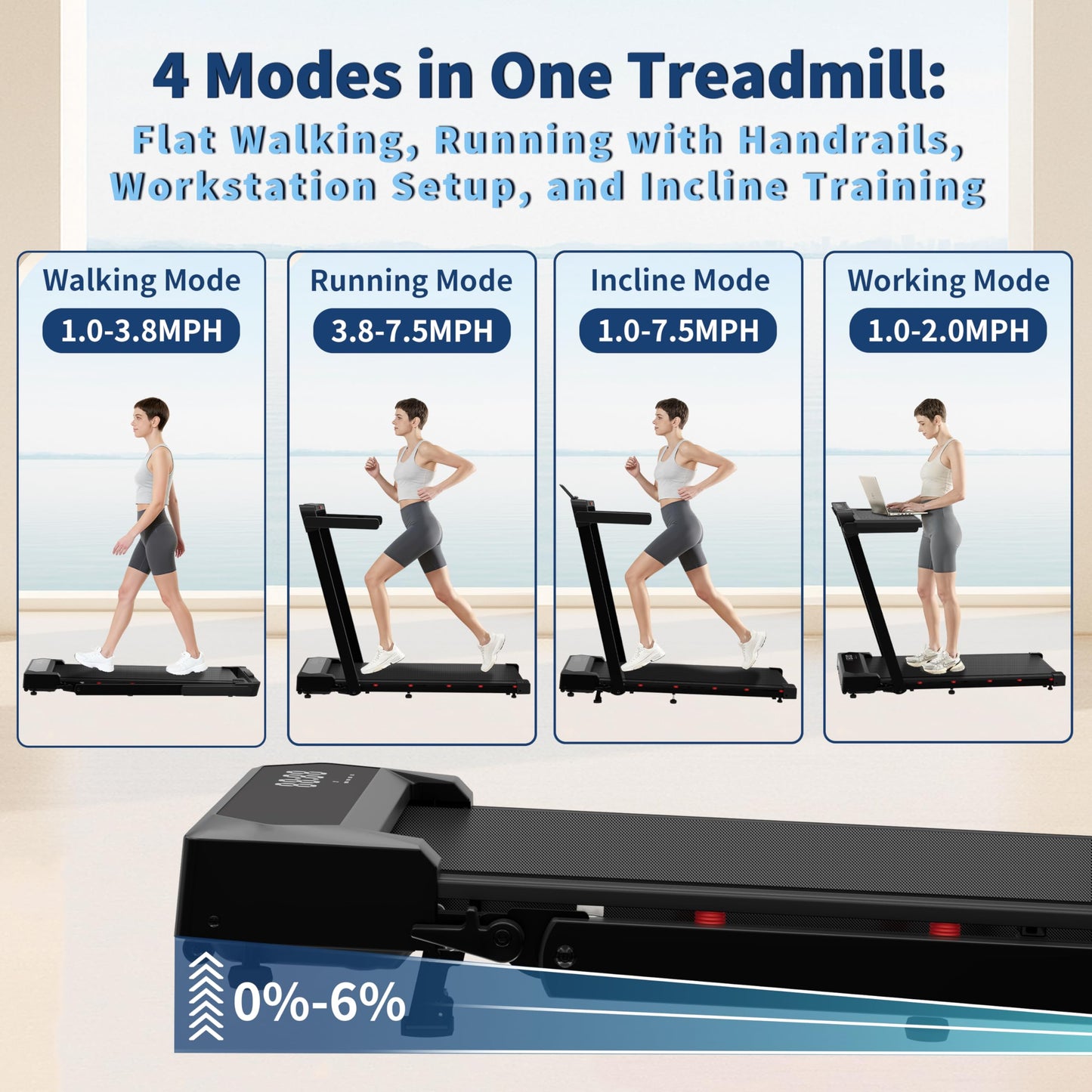 Foldable 4 in 1 Treadmill Walking Pad with Incline Remote Control Compact 3.0HP Under Desk Treadmill for Home Office Fitness 300 lbs Capacity with Handle Bar