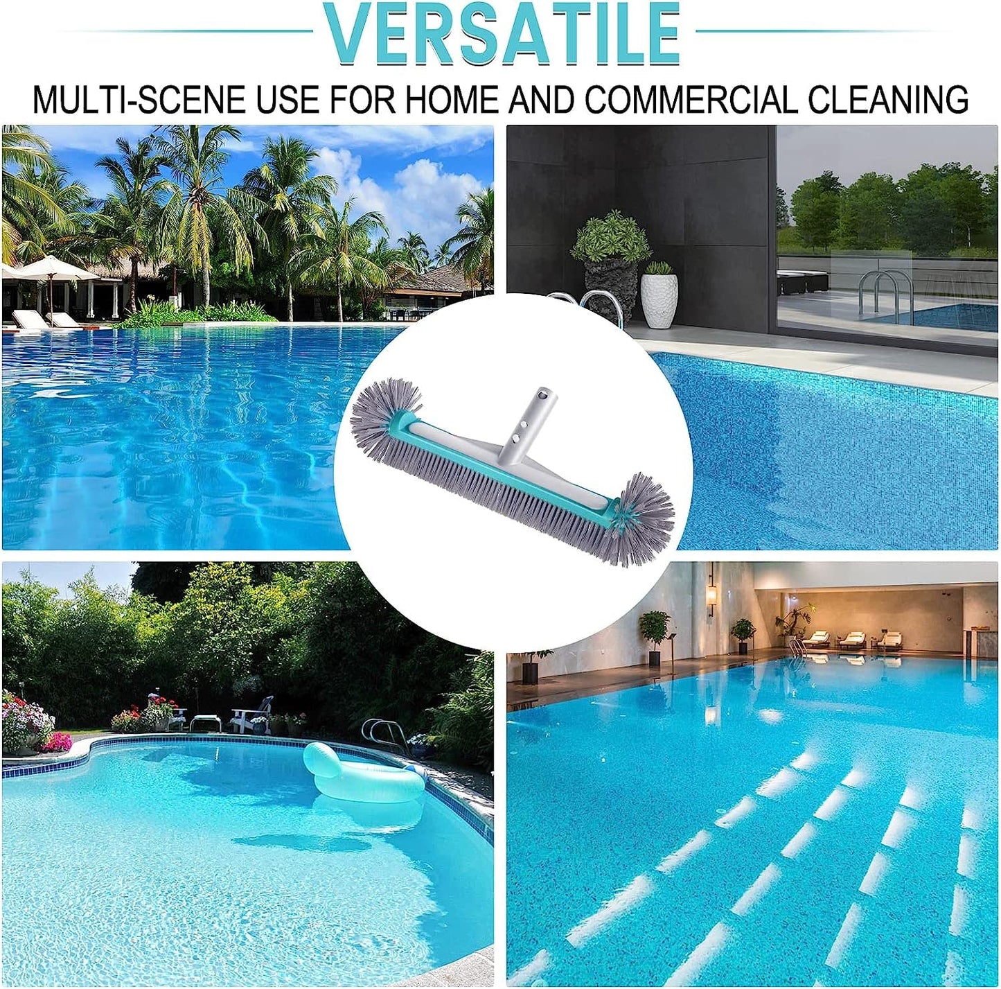Swimming Pool Brush Head with Round Ends,17.5" Heavy Duty Aluminum Back Head for Cleans Walls, Tiles & Floors, 7 Rows Premium Nylon Bristles with EZ Clips (Blue Grey)