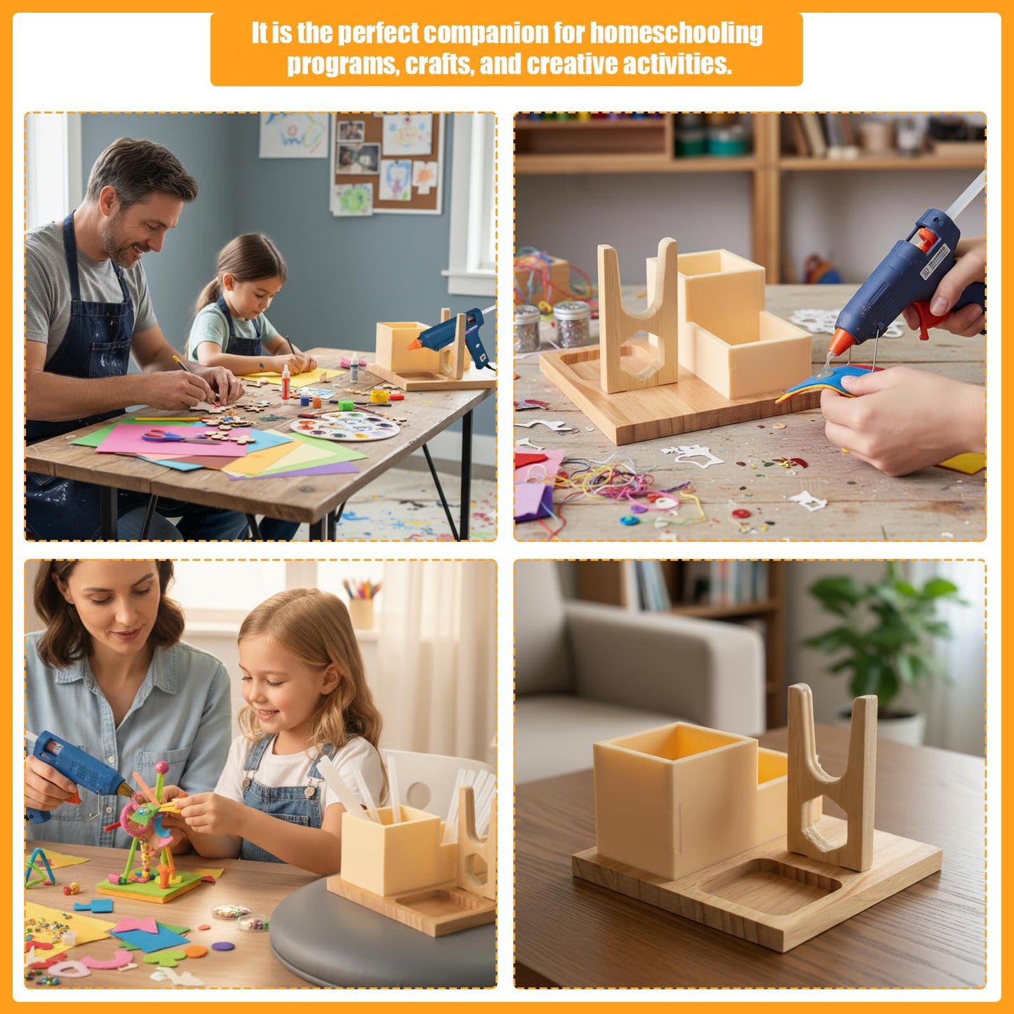 Mini Hot Glue Gun Holder with Glue Stick Organizer, 1 Hot Glue Gun Stand and 2 Storage Boxes, Wooden Hot Glue Gun Kit Storage Compartments, for DIY, Crafts, Home School Project
