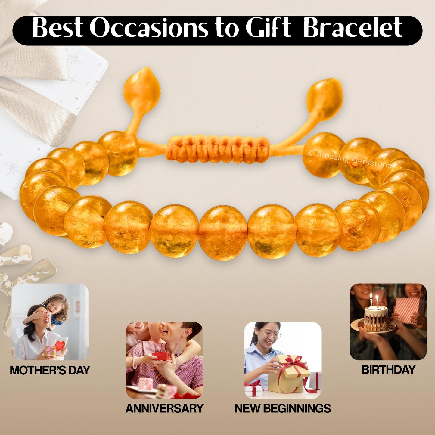 Amazing Gemstone Amber Quartz Bracelet for Women Men's Gifts - Protection Healing Crystal Bracelet - 8mm Gemstone Beaded Adjustable Bracelet Pulseras Para Hombres Mujer Stocking Stuffers