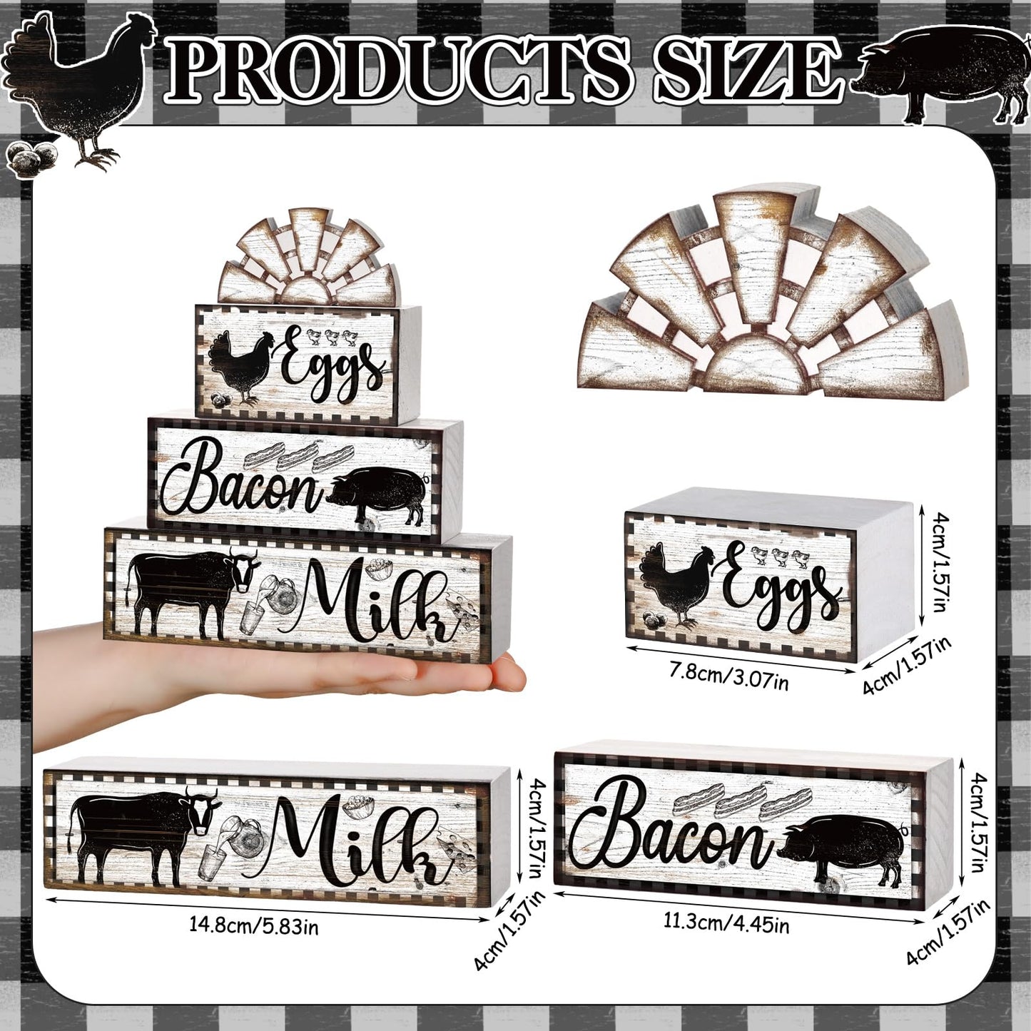 Jetec 4 Pcs Farmhouse Kitchen Decor Wooden Tiered Tray Decor Cow Rooster Pig Rustic Bathroom Signs Decorative Faux Stacked Table Centerpiece Block Sign for Home Living Kitchen Dining Room Shelf