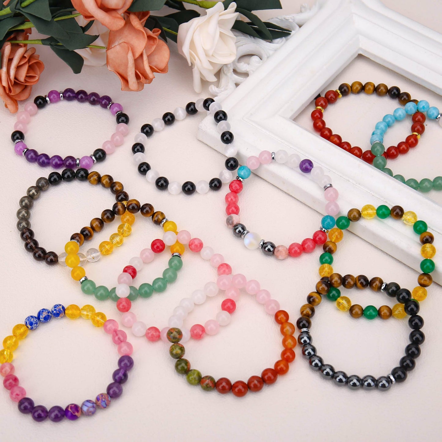 BONNY BOXX Mixed 8mm Natural Stone Bracelet for Love, Handmade Stretch Pink Quartz White Jade Bracelet Adjustable Crystal Healing Jewelry for Unisex Spiritual Gift