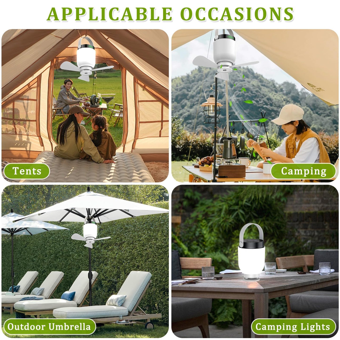 Rechargeable Camping Fan with LED Lantern, 2 in 1 Portable Small Ceiling Fan with Light for Outdoor Tent Gazebo Patio RV, USB C Battery Powered White Fan with Remote, Detachable 3 Blade Hanging Fan