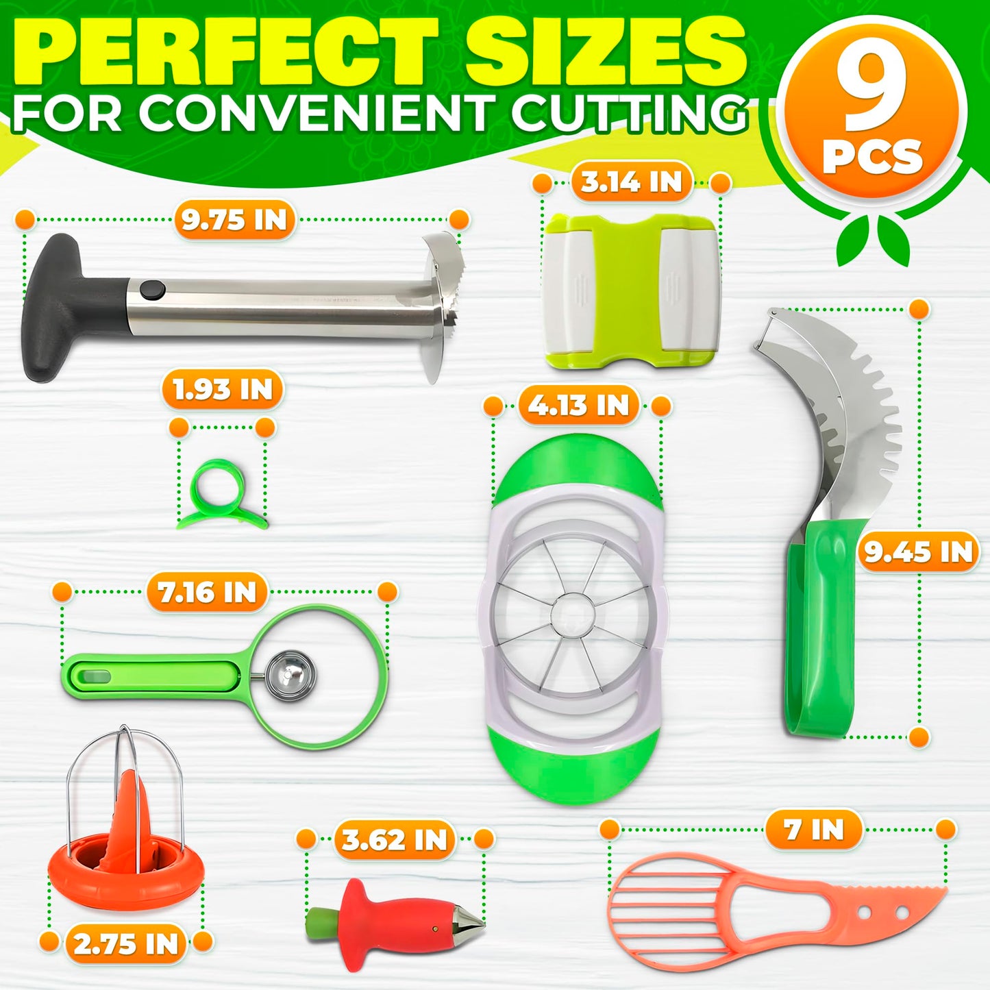 9 Pcs Pineapple Corer and Slicer Set β Sturdy, Sharp & Easy to Clean Pineapple Slicer Tool with Fruit Corer, Slicers and Peelers β Works for Apples, Melons, Avocados, Citrus, Berries, Bananas & More