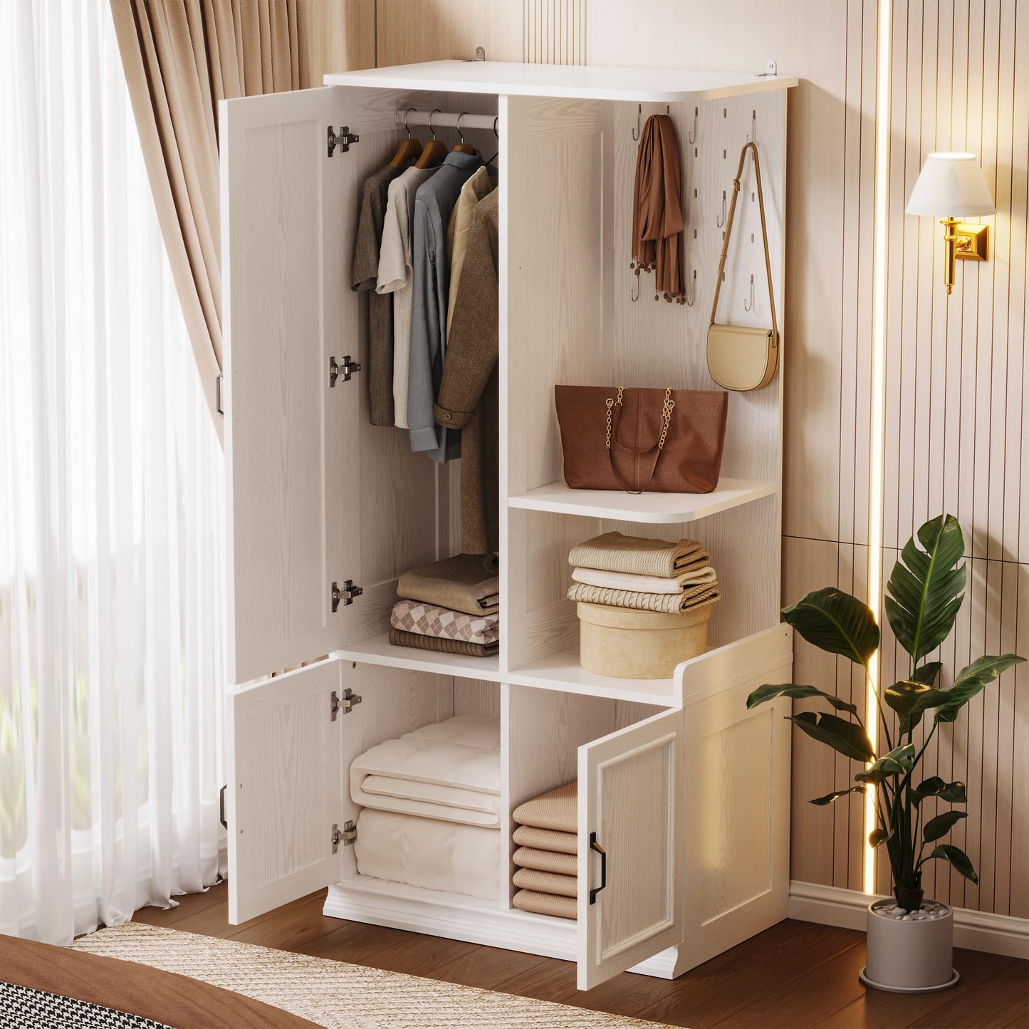 LIKIMIO Armoire Wardrobe Closet, 70" H Wooden Bedroom Armoire with Mirror, 2 Cabinet, Pegboard and a Open Shelf, Large Freestanding Clothing Storage Cabinet with 3 Doors, White