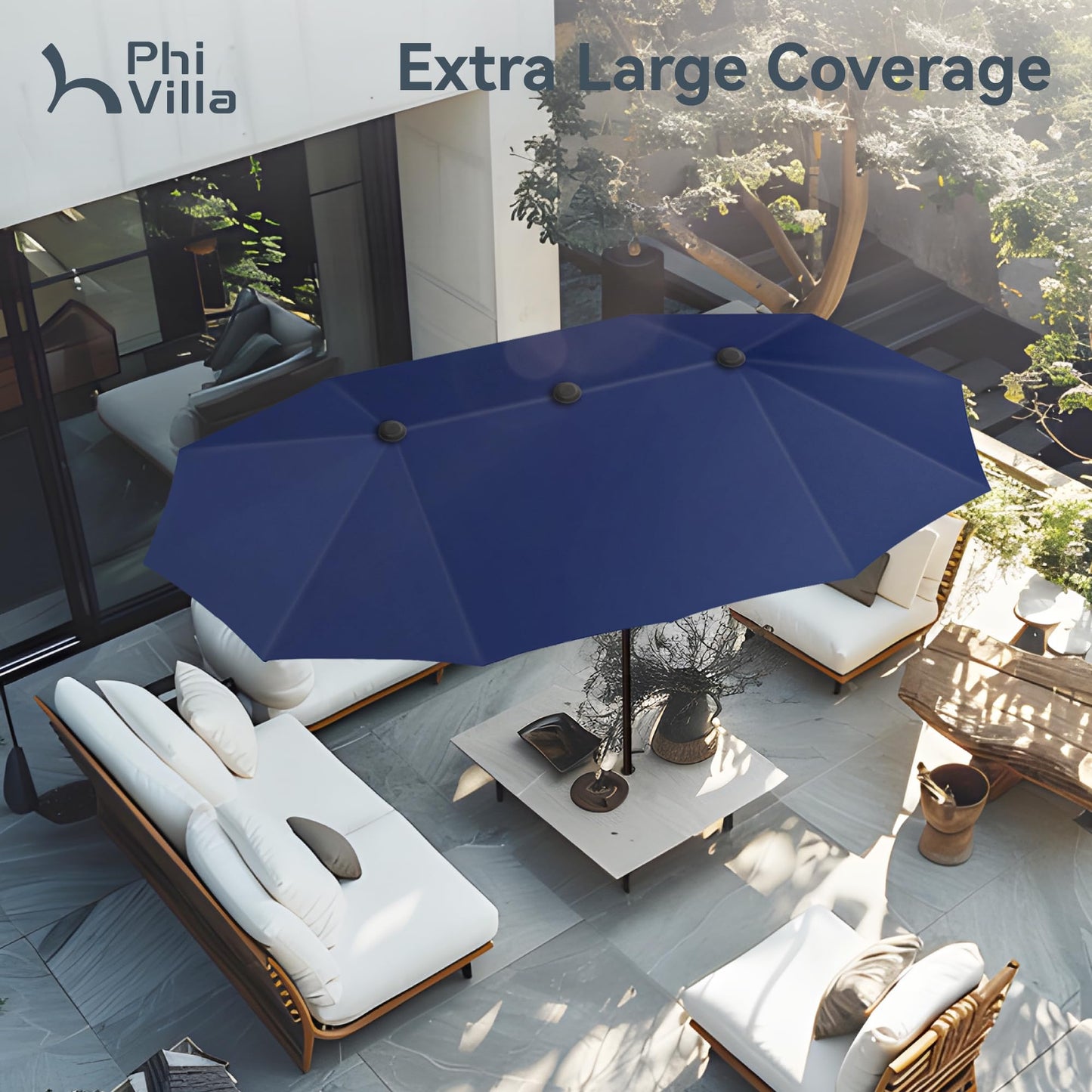 PHI VILLA 13ft Outdoor Market Umbrella Double-Sided Twin Large Patio Umbrella with Crank, Navy Blue