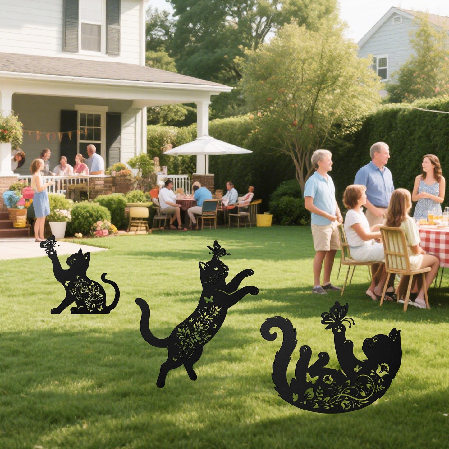 Cat Decorative Garden Stakes, 3 Pcs Cat Lover Gifts for Women Men Metal Garden Stakes, Butterfly Floral Silhouette Outdoor Yard Art Lawn Decor