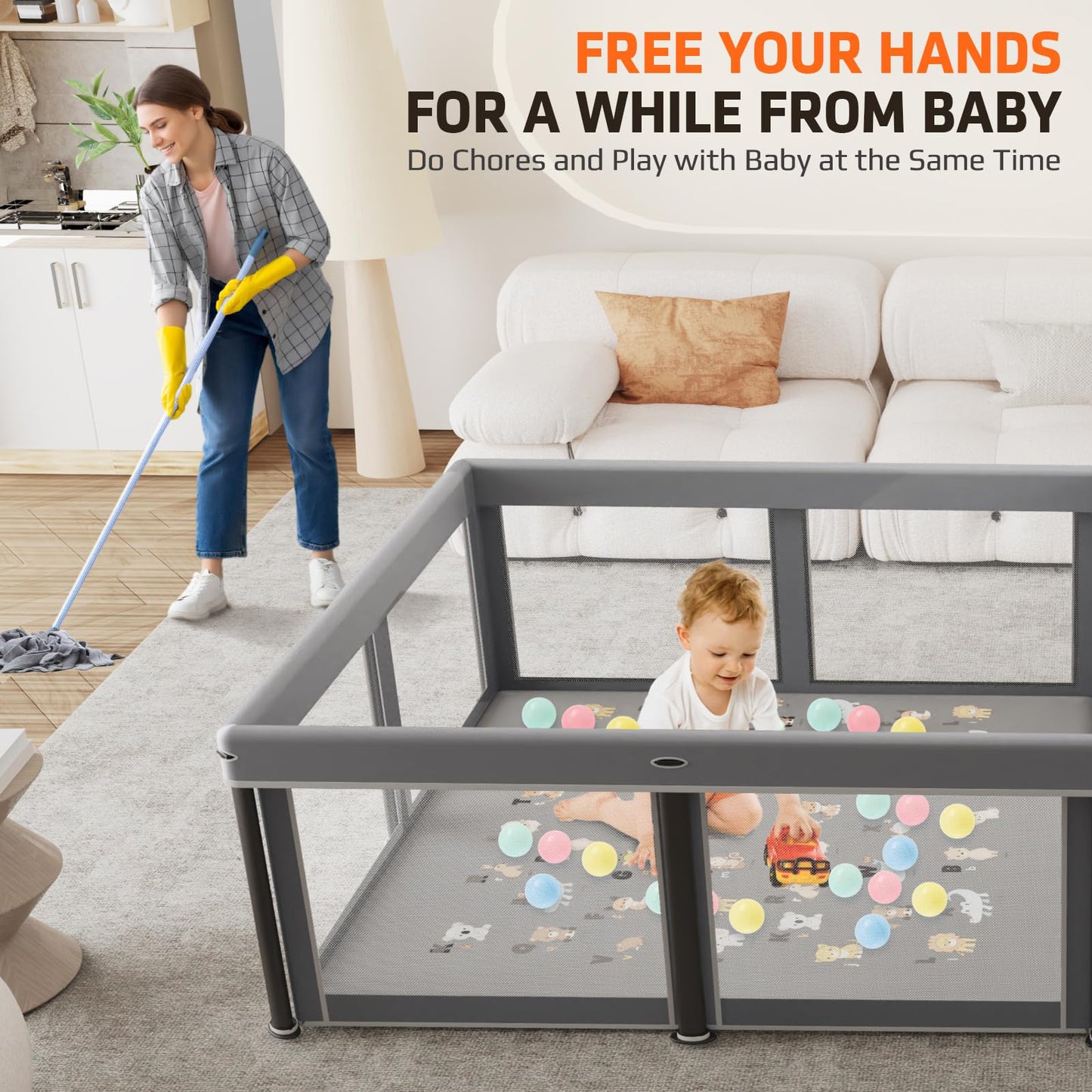 Foldable Baby Playpen with Mat,50"×50" Collapsible Playard for Babies and Toddlers,Indoor&Outdoor Kids Safety Play Pen,Portable Travel Playpen with Travel Pack and 30 Ocean Balls