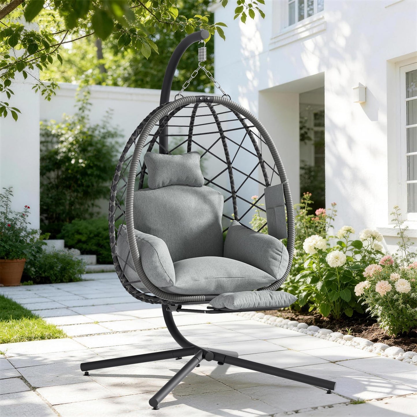 Suteck Hanging Egg Chair with Adjustable Footrest & Stand, Indoor Outdoor Wicker Egg Swing Chair with Cushion, 330lbs Capacity for Patio, Bedroom, Garden - Grey