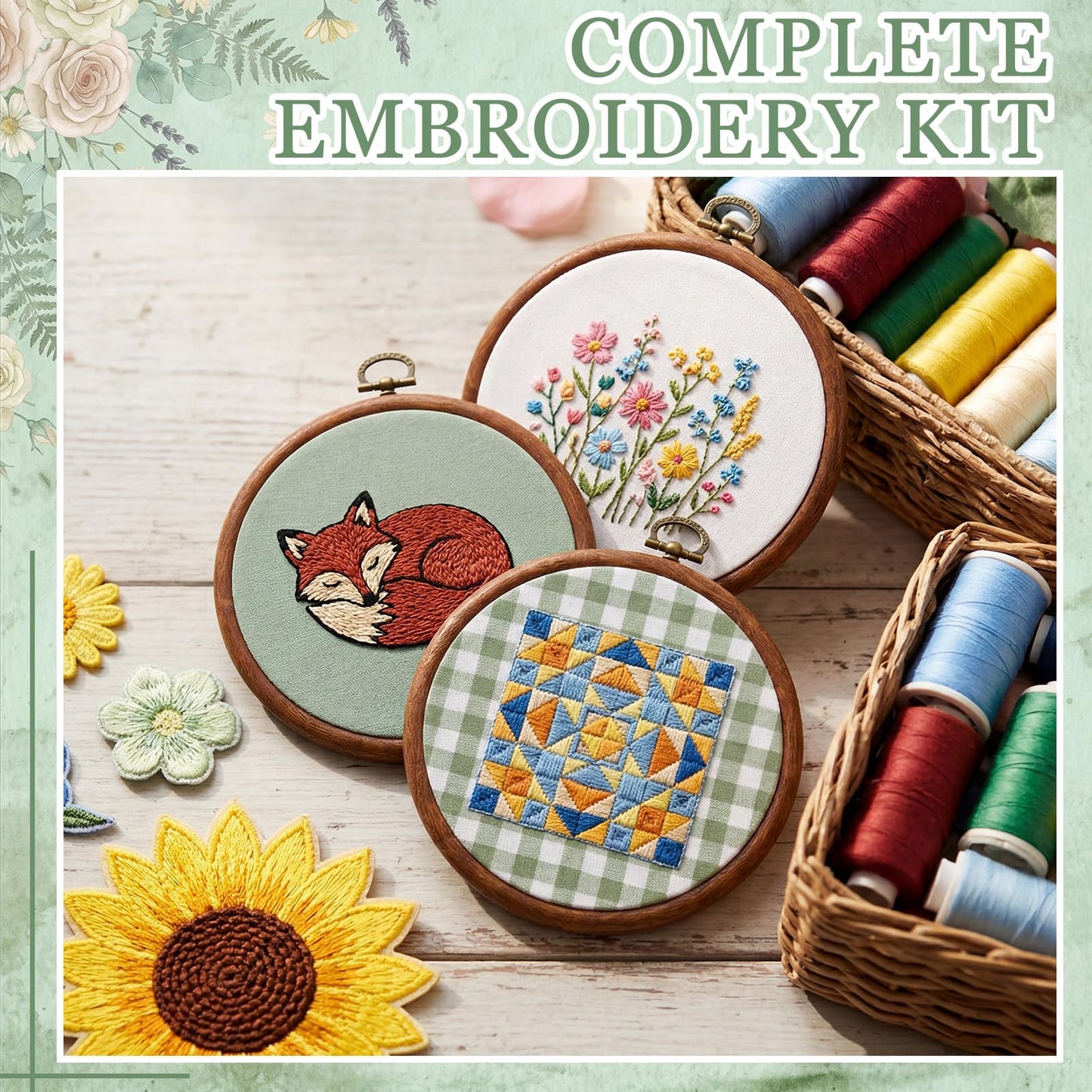 Tudomro 6 Sets 6.7 Inch Embroidery Hoop Frame and 11.8 Inch Pre-Cut Cloth Fabric Squares Kit Imitation Wood Cross Stitch Hoop for Beginner, DIY, Art Craft Sewing, Wall Hanging Decor(Sage Green)
