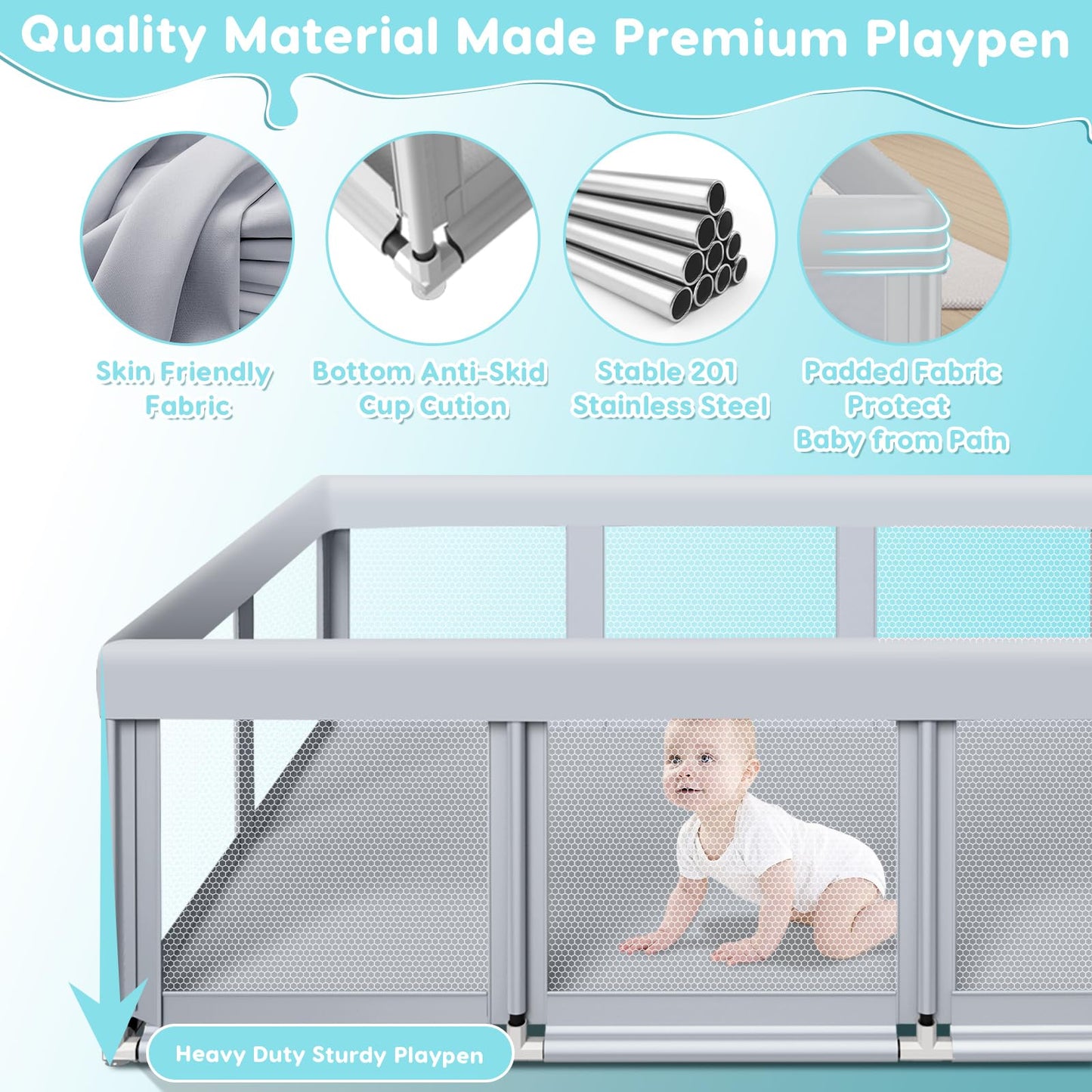 Fshibila 74" ×50" Large Baby Playpen, Baby Playard for Babies and Toddlers, Baby Fence Play Pens for Indoor & Outdoor, Sturdy Safety Play Yard with Soft Breathable Mesh, Anti-Fall, Grey