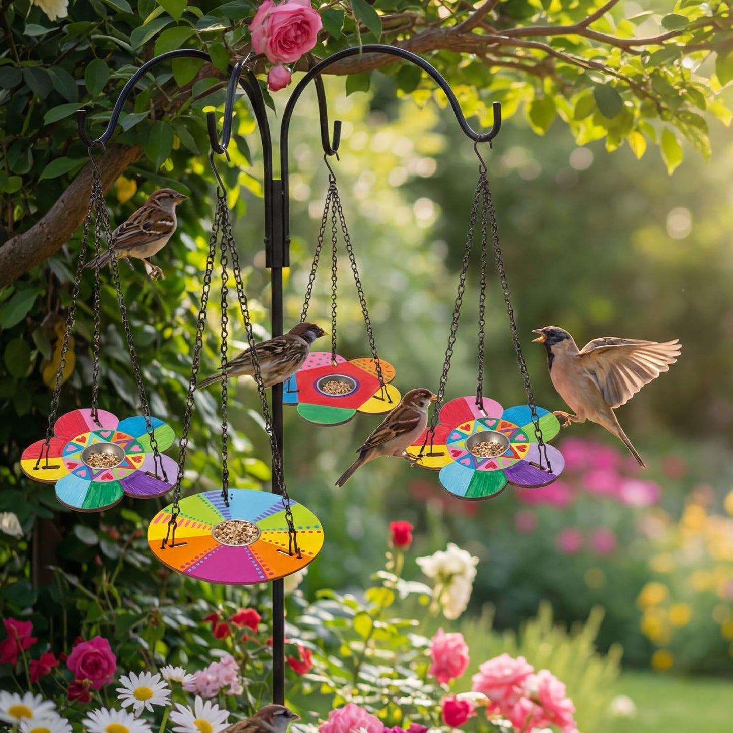 DoubleFill 24 Pack Bird Feeder Craft Kits with Chains for Kids Ages 3-8 Make Your Own Wooden Flower Bird Feeders with Aluminum Bowls DIY to Paint Craft for Garden Outdoor Activities (Flower,Round)