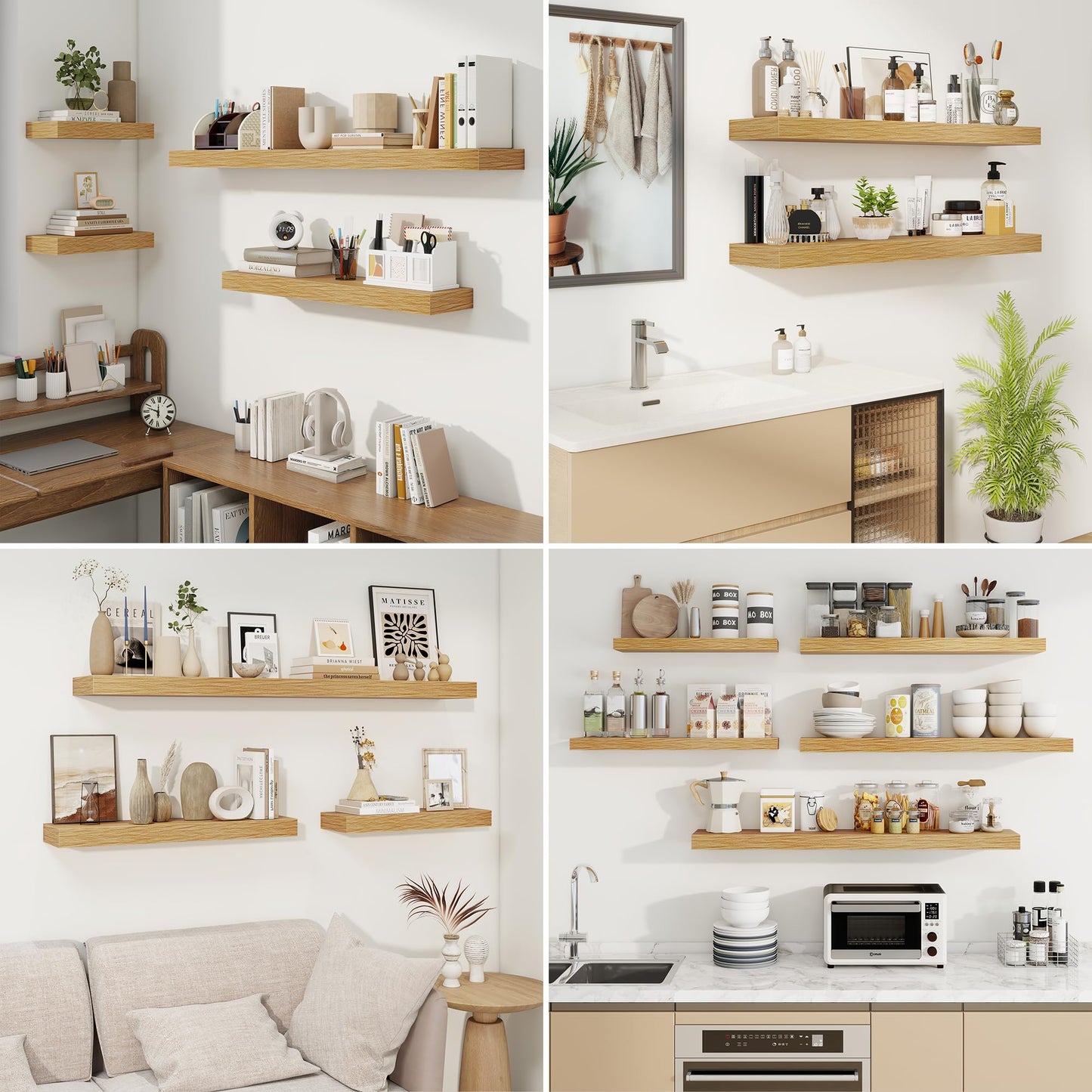 fuqing Floating Shelves for Wall, Wall Mounted Wood Floating Shelf with Invisible Brackets for Living Room, Bathroom, Bedroom, Kitchen Storage and Decor,6.5 Inch Set of 3, Oak