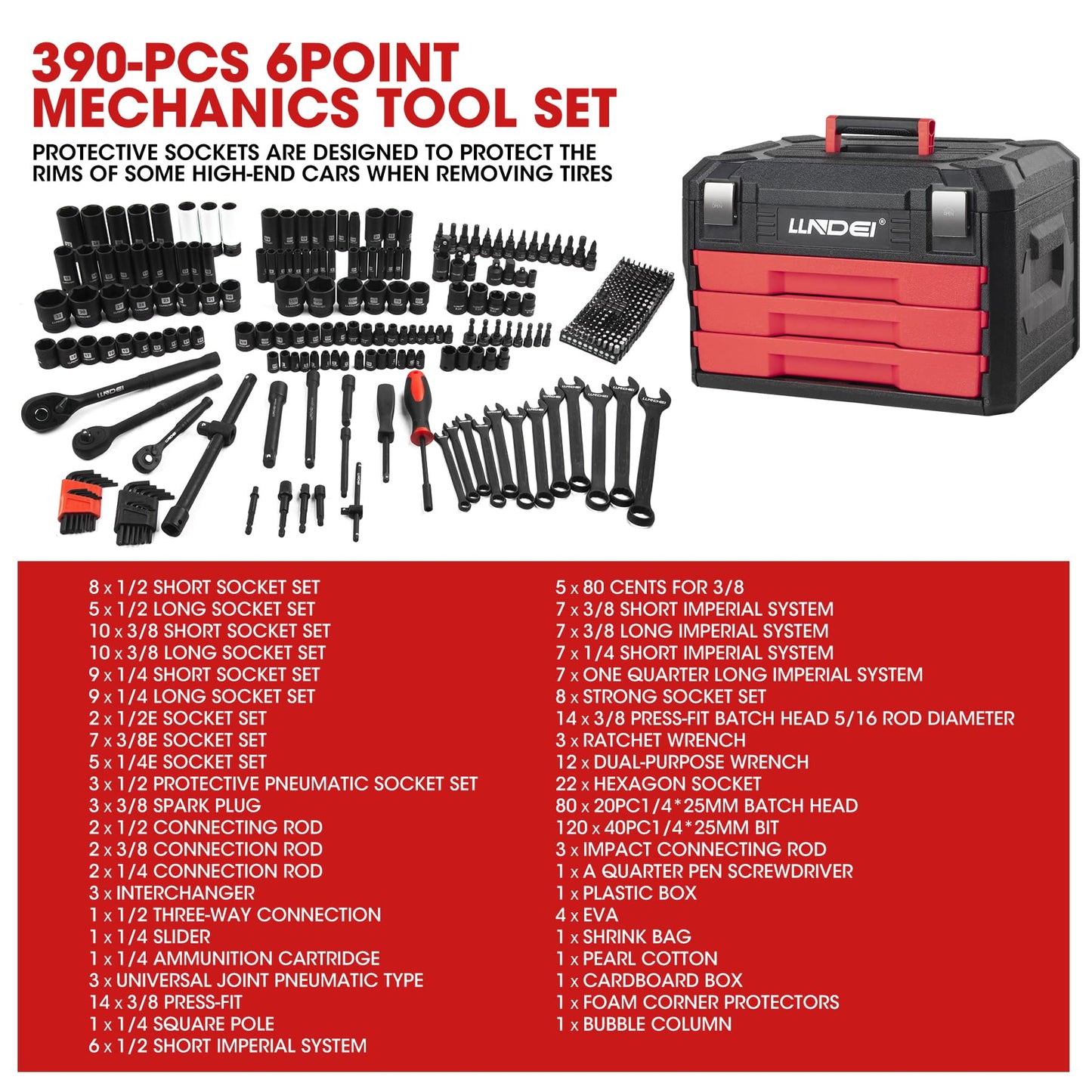 LLNDEI Mechanics Tool Set and Socket Set, 1/4" 3/8" 1/2" Drive Deep and Standard Sockets 12 Point, 390 Pcs SAE and Metric Mechanic Tool Kit with Bits, Combination Wrench