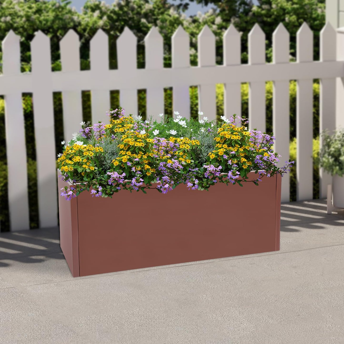TFCFL Large Planter Box, Rectangular Steel Raised Garden Bed with Drainage, Outdoor Indoor Flower Pot for Balcony Patio, Heavy Duty Plant Container for Gardens, Halls, Terraces 38x15x15 Inch(Brown)