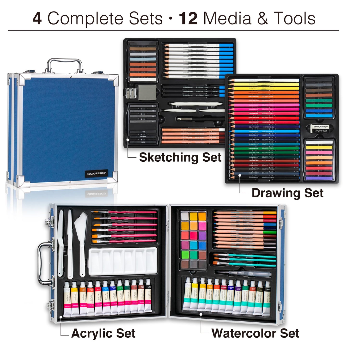 COLOUR BLOCK 151-Piece Professional Art Supply Set with Mixed Media, Paint Kit & Brushes in Aluminum Case, Complete Art Supplies for Adults, All Level Artists, Travel Art Set
