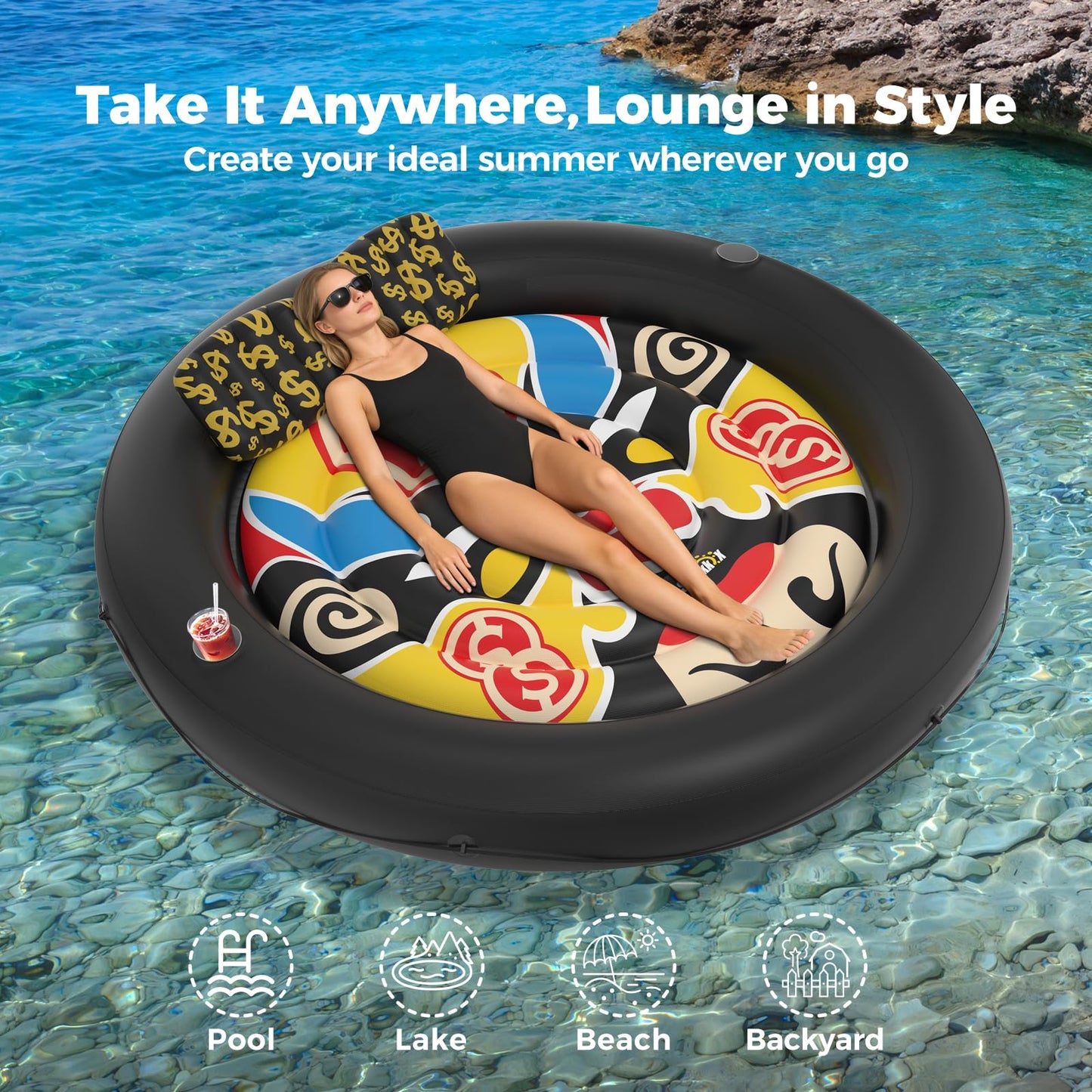 Sunikko X 73"x73" Inflatable Tanning Pool Floats Lounger Bed for Adults, Lucky Design XL Round Blow Up Pool Raft with Cup Holders, Pillow, 500lb, Sunbathing, Pool, Beach, Lake, Backyard Party