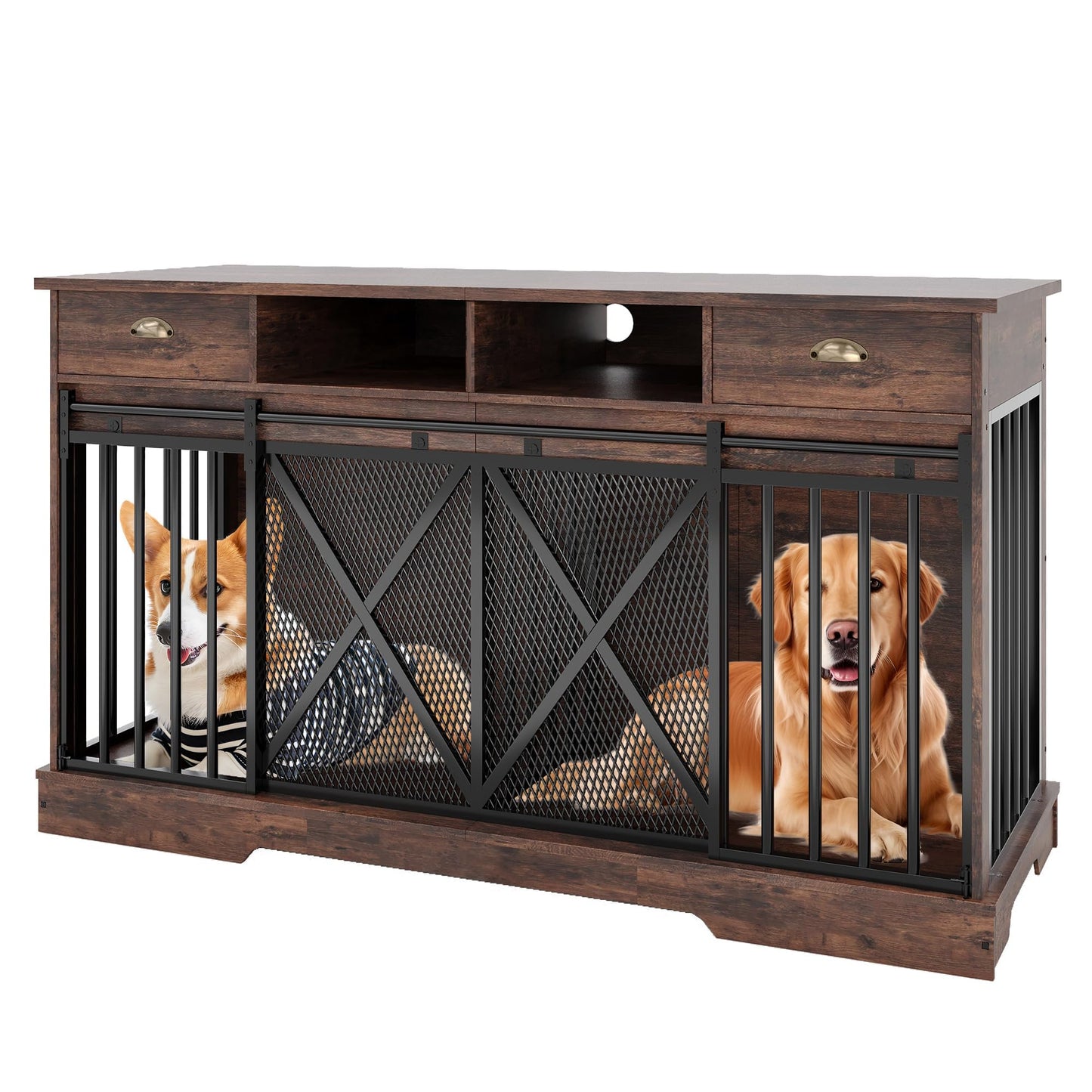 Double Dog Crate Furniture, 63 Inch Heavy-Duty Dog Kennel with Center Divider, Sliding Doors, Drawers and Open Shelves, Indoor Dog House for Living Room, Retro Brown