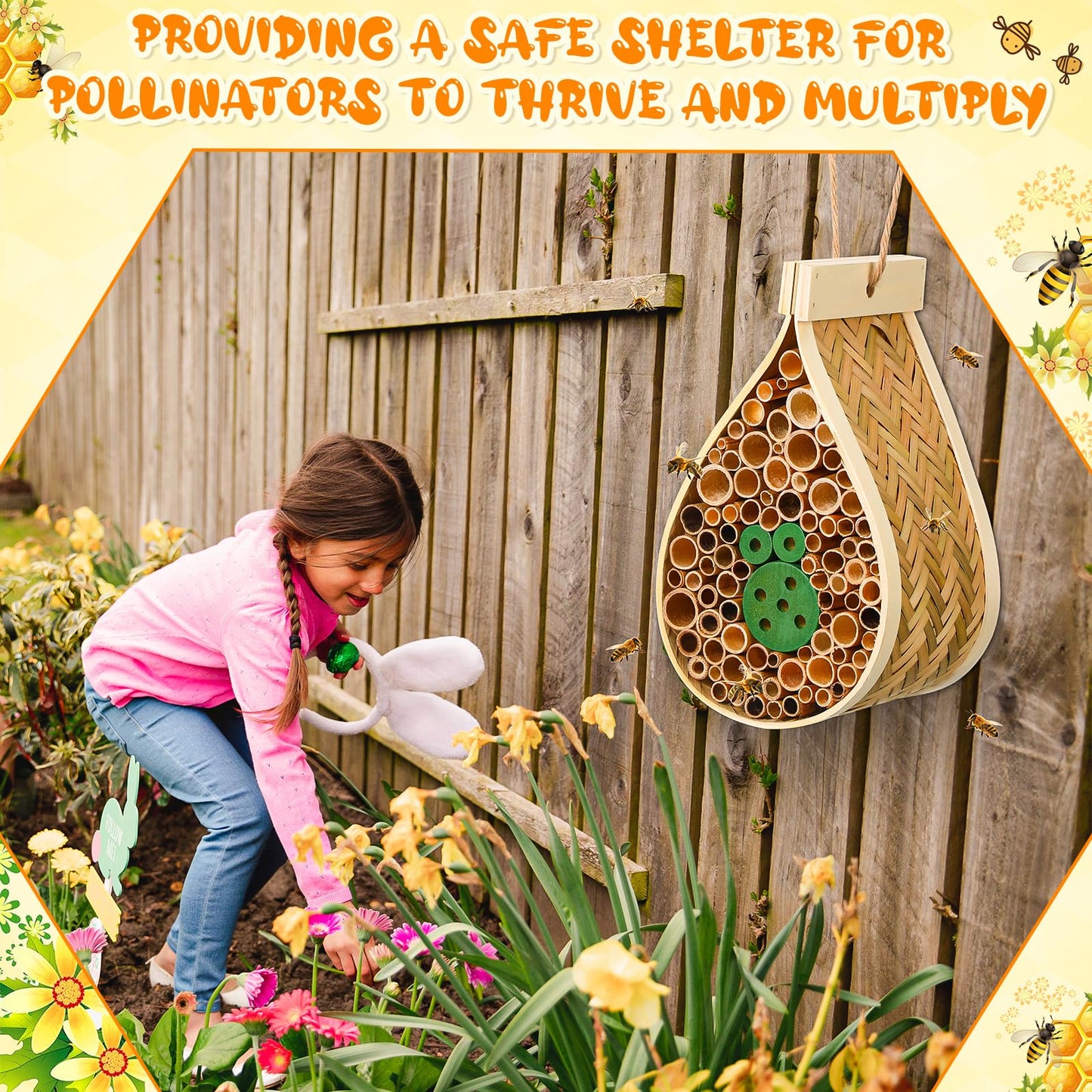 DoubleFill 2 Pcs Mason Bee House Hanging Bee Hives Wild Pollinator Bamboo Mason Bee Habitat Hotel with Tubes Beekeeping Supplies for Enhance Garden Productivity(Water Drop)
