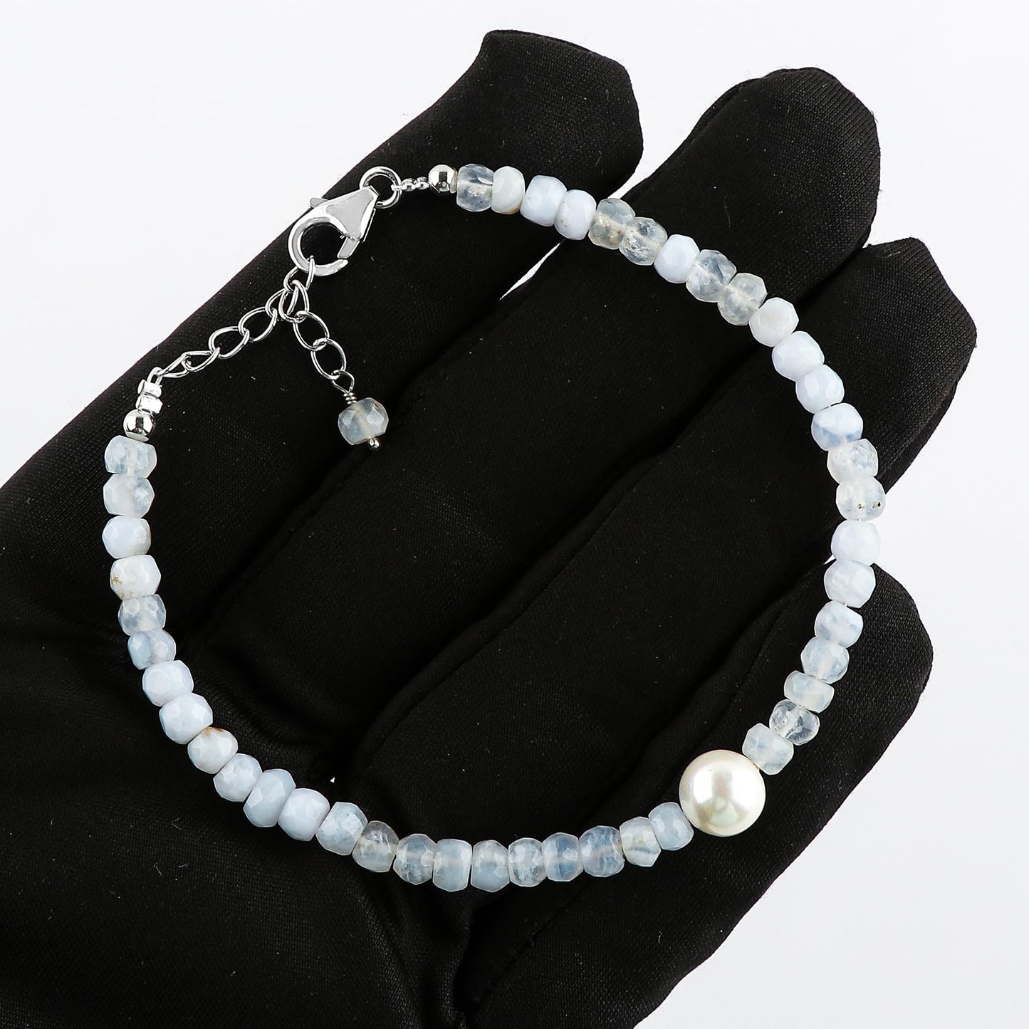 CRYSTALIS Natural Blue Lace Agate Beads Adjustable Bracelet with Elegant Pearl, High Grade Gemstones, Chakra Healing Stones, Gift Giving Jewelry, 925 Sterling Silver Womens Bracelet 8 inch