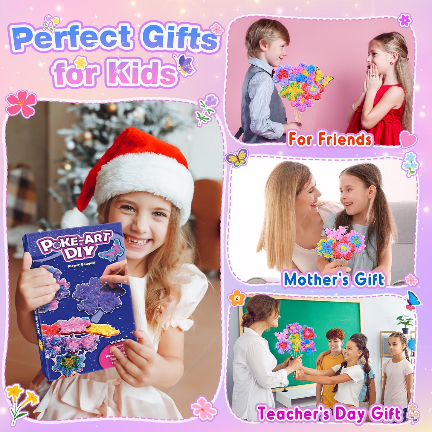 MDINGTD Toys for 4 5 6 7 8+ Year Old Girls, Poke Art Flower Bouquet with 8 Flowers & 2 Butterflies Arts and Crafts for Girls Ages 4-8 DIY Creative Activity Birthday Valentine Gifts Craft Kits
