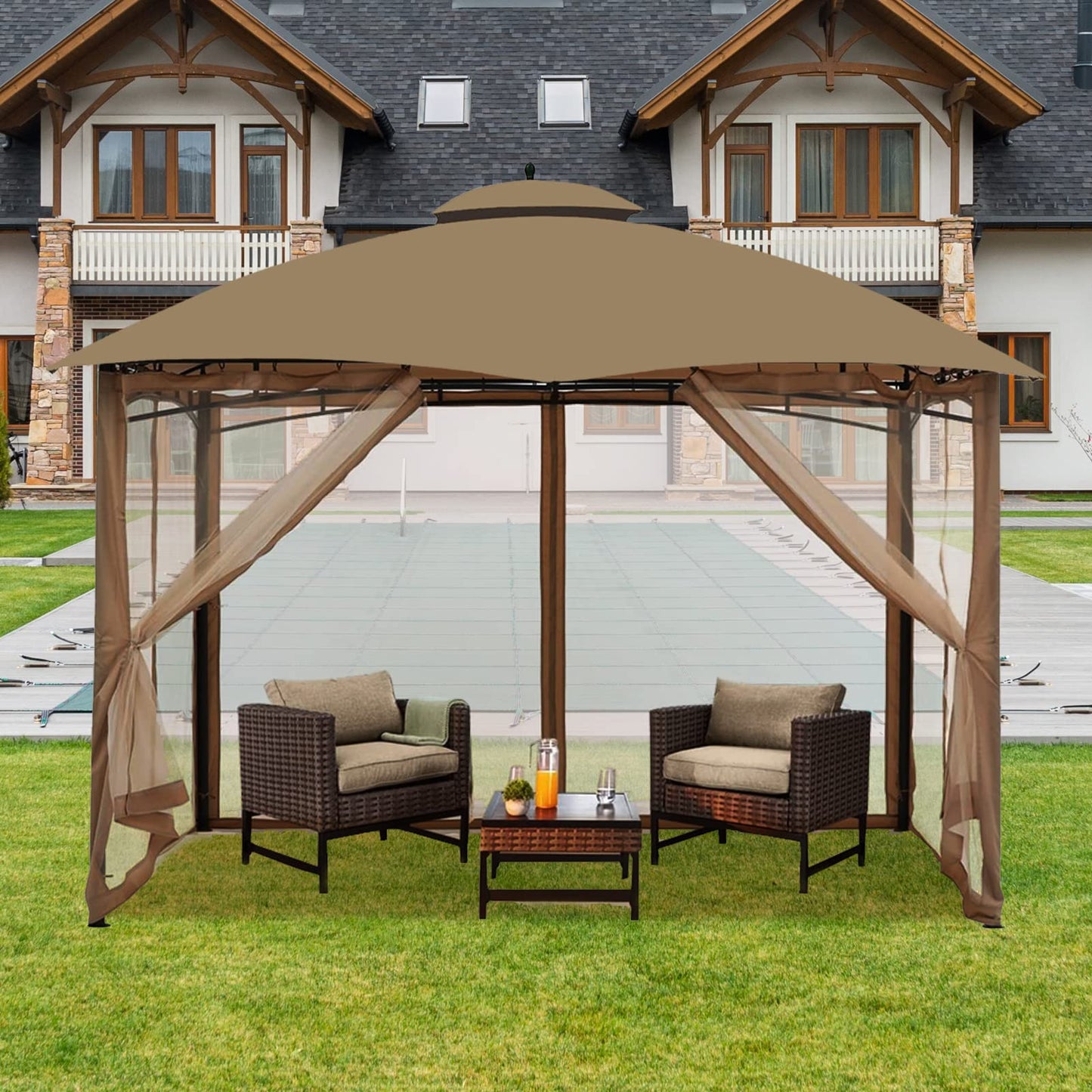 Gazebo Universal Replacement Mosquito Netting – Hugline 10' x 10' Outdoor Mesh Netting Screen 4-Panel Sidewall Curtain with Zipper (Khaki)
