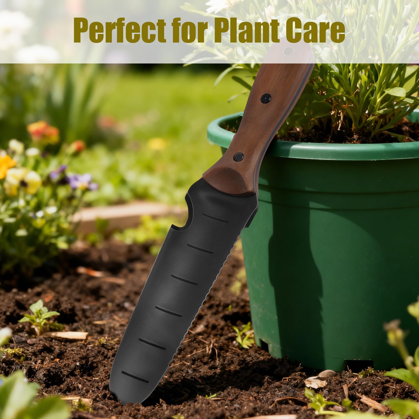 Troispot 12-Inch Garden Trowel with Full-Tang Wooden Handle & Black Stainless Steel Blade, Durable Tool for Digging, Weeding, Planting, Includes Knitted Storage Bag