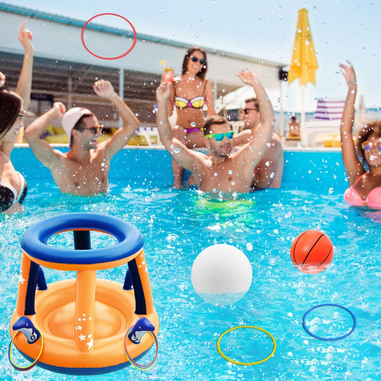 Jasonwell Pool Toys Games Set - 3 in 1 Pool Volleyball Net Basketball Hoop Ring Toss Game Inflatable Floats Water Floating Volleyball Swimming Pools Games Party Gift for Kids Adults (Orange&Blue, XL)