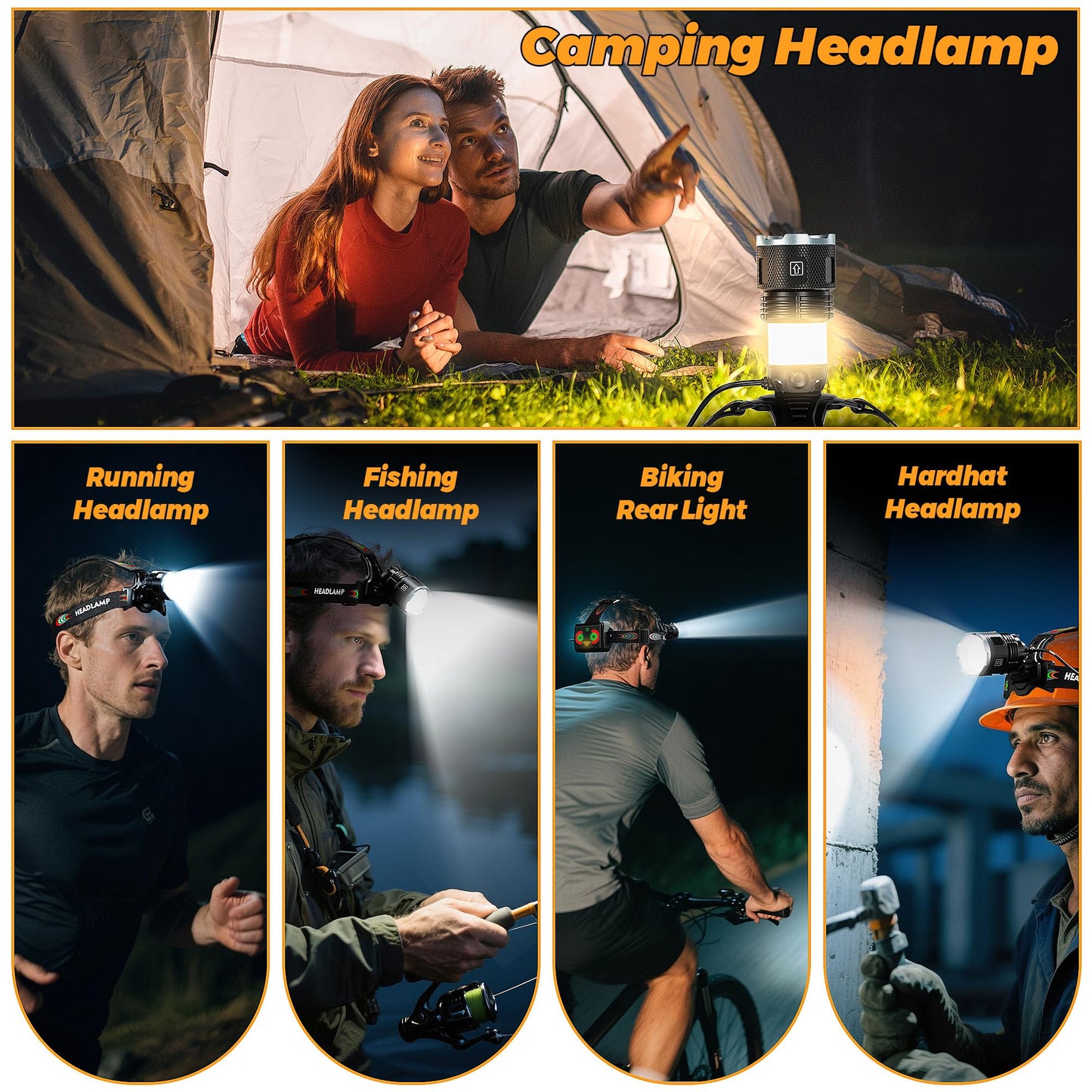 FixLiburt 220000 Bright Camping Headlamp Function 17 Modes Motion Sensor Adjustable Focus, More Than 95H Standby IP65 Waterproof, 125ยฐAngle Head Lamp for Fishing Hiking Bike Hardhat