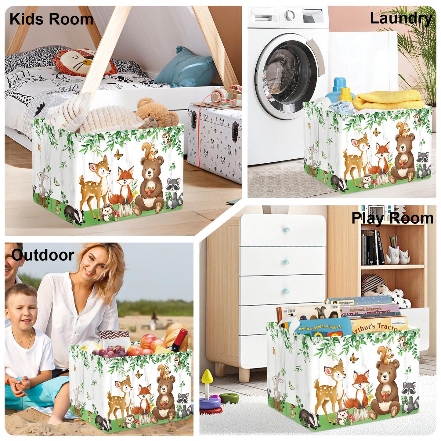 HUUMONSS Jungle Animals Laundry Hamper Large Storage Basket Cartoon Wild Zoo Collapsible Parents Organizer Kids Toy Clothes Bins for Bedroom, Bathroom, Bear, 36L
