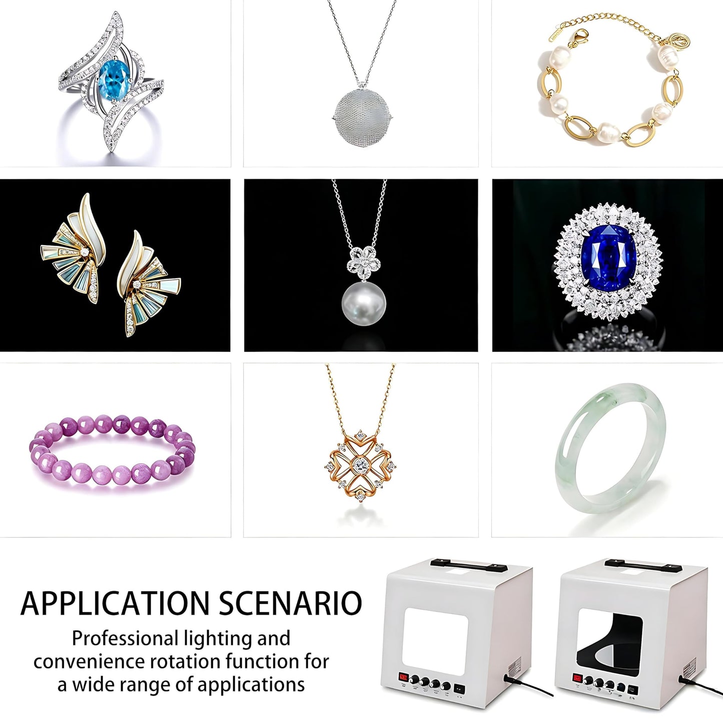 QIUNAOZI Adjustable Turntable Premium Photo Studio, Jewelry Photography Light Box with Turntable, Turntable Diameter 11/15cm, 4pcs Fill Lights, Hanging Bracket, for Jewelry, Small Items Black-TB30