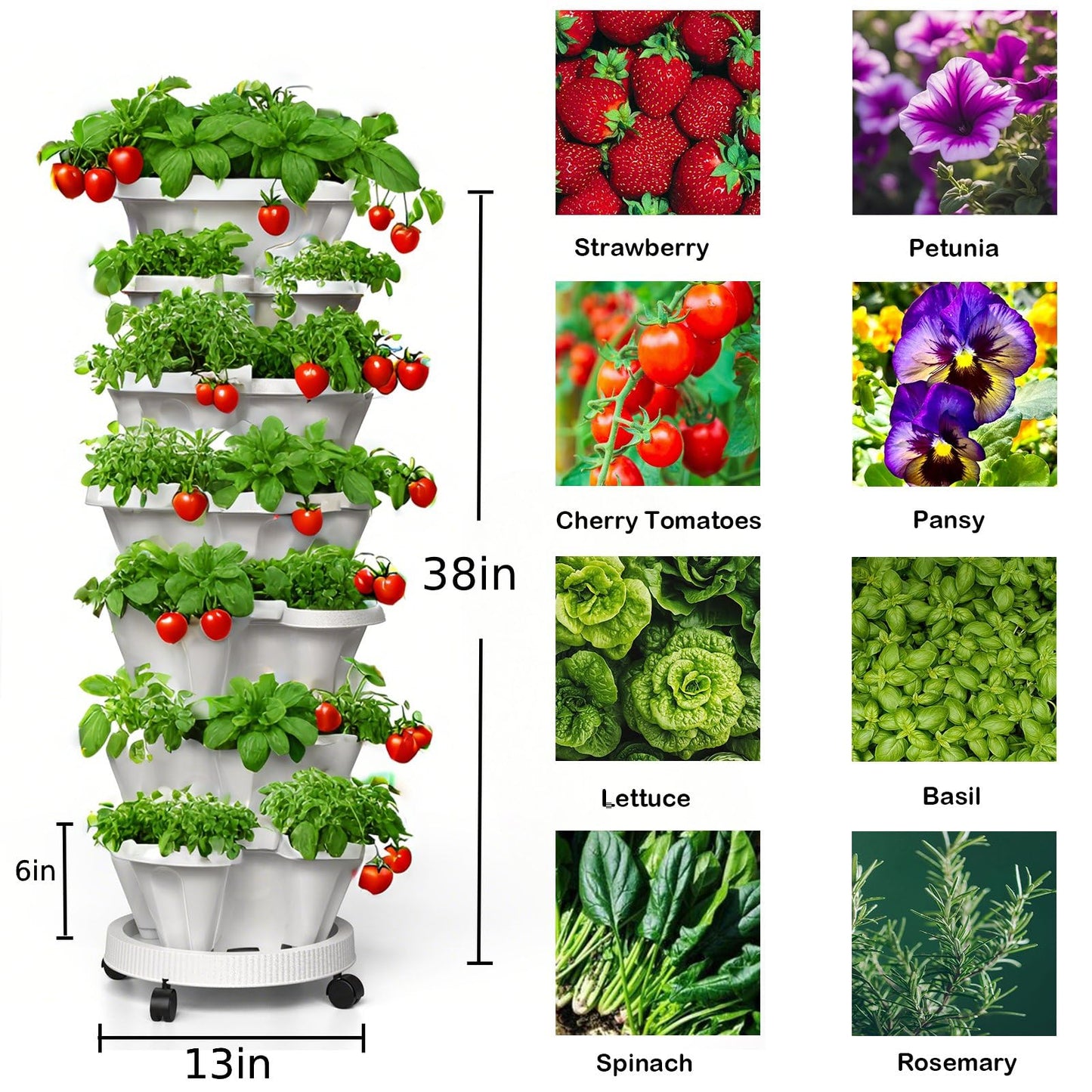 Lykvrii Strawberry Planters, 7 Tiered Vertical Stackable Planter, Herb Stacking Tower Garden, Flower Vegetable Planters with Support Pole, Indoor & Outdoor with Removable Wheels - White