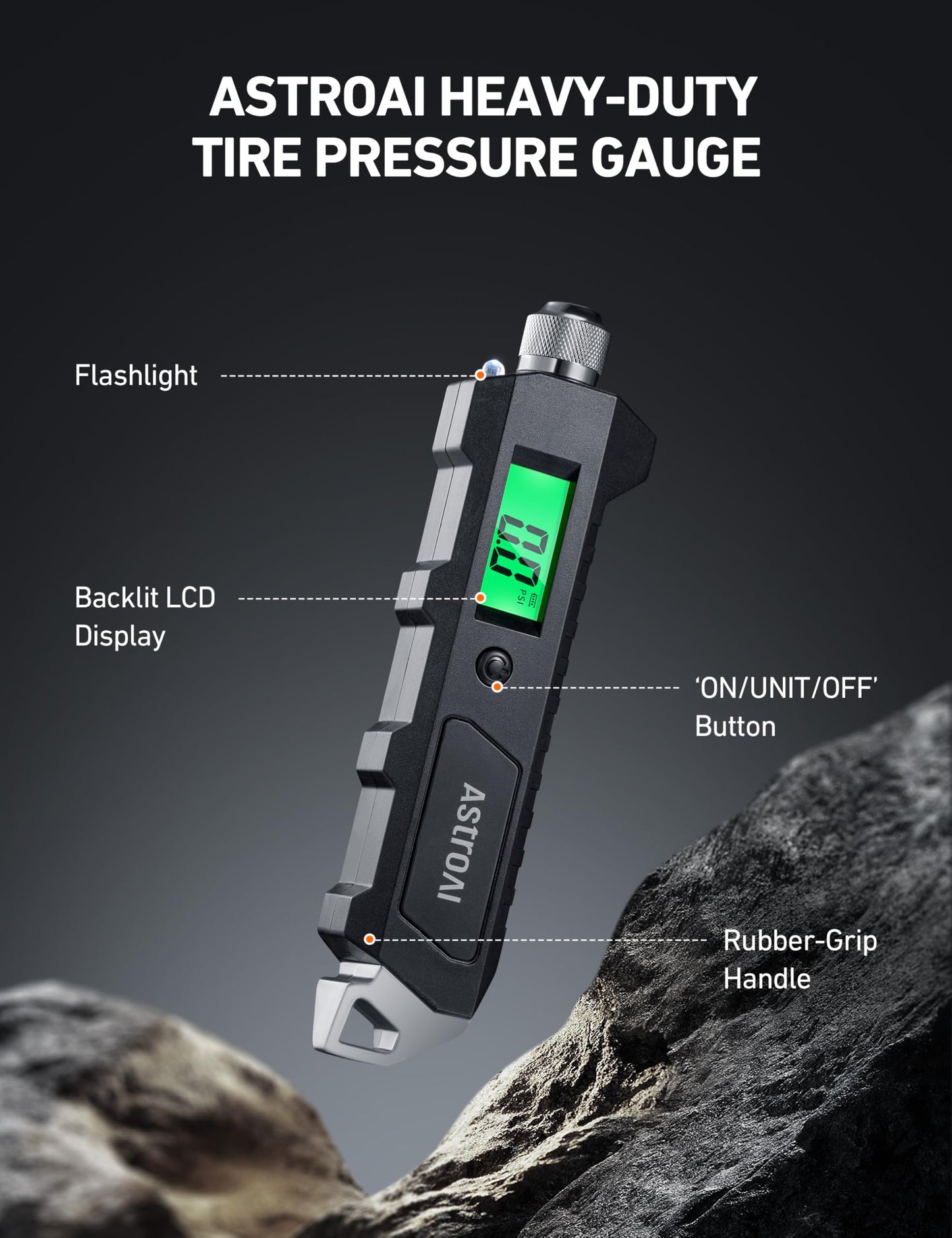 AstroAI Digital Tire Pressure Gauge, 230 PSI 4 Settings Heavy Duty for Car Bicycle with Larger Backlit LCD Flashlight and Non-Slip, Black