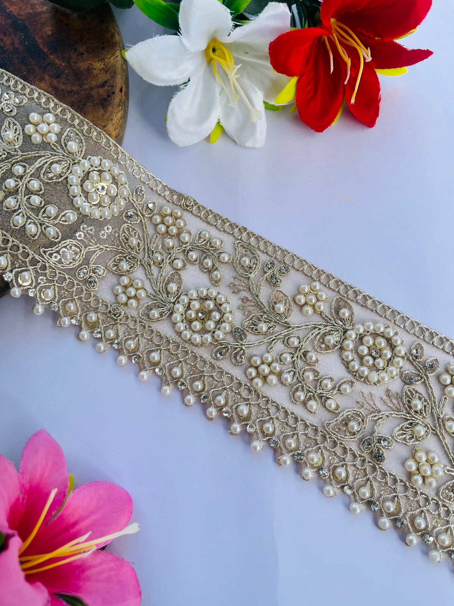 Luxury Pearl Embellished Lace Trim, 3 Inch Wide, Beaded Floral Pattern, Champagne Gold with Faux Pearls, Wedding Dress Decoration, Available in 1, 3 and 6 Yard (1)