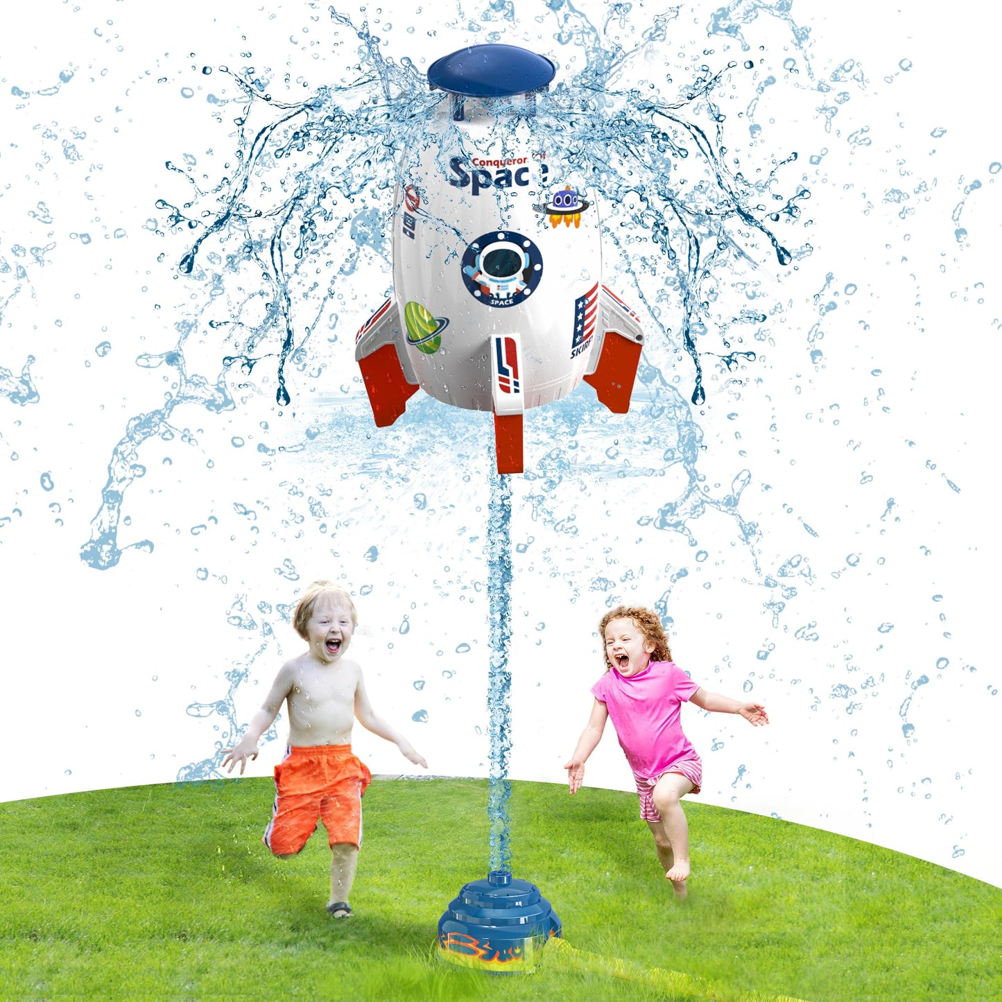 Skirfy Sprinkler Rocket Launcher Outdoor Water Toys for Kids, Rocket Design Water Powered Liftoff 9-16ft & Spin, Summer Garden Lawn Toys & Birthday Gift for Girls Boys Age 3-12 Year Old (White)