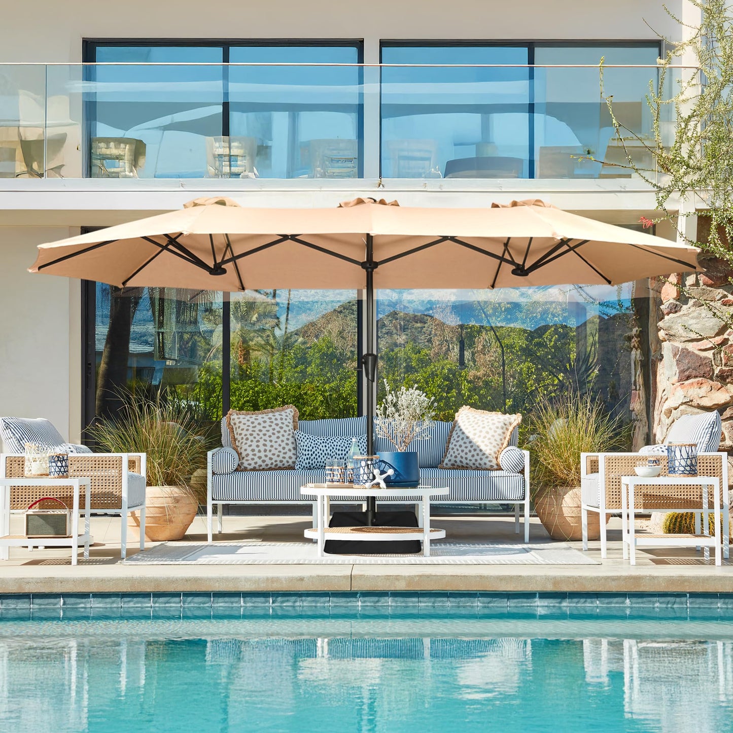 SUPERJARE 13FT Outdoor Patio Umbrella with Base Included, Double Sided Pool Umbrellas with Fade Resistant Canopy, Large Table Umbrella for Deck, Market, Backyard - Beige