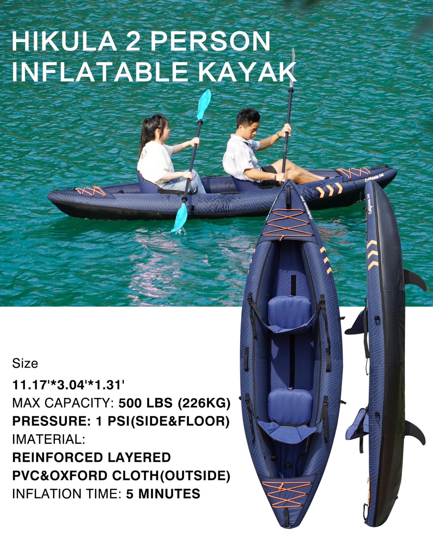 Inflatable Kayak 2 Person, Tandem Kayak, Foldable Kayaks for Adults, with Kayak Fin, 2 Aluminum Paddles, 2 Padded Seats, Hand Pump and Travel Backpack